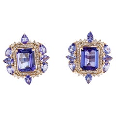 14K 6.60ctw Tanzanite & Diamond Earrings - Rectangular Step Cut & Pear Modified