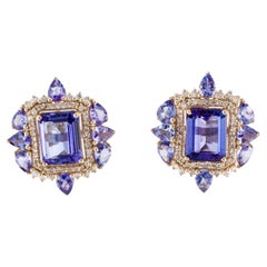 14K 6.60ctw Tanzanite & Diamond Earrings - Rectangular Step Cut & Pear Modified 