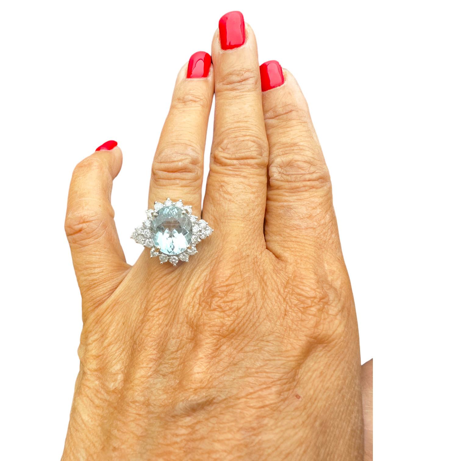 This exquisite Aquamarine halo diamond ring is an eye-catching piece of jewelry. It features an oval-shaped Aquamarine stone set in a diamond halo with a shimmering band. The diamonds used in the halo are of brilliant shine, with long-lasting