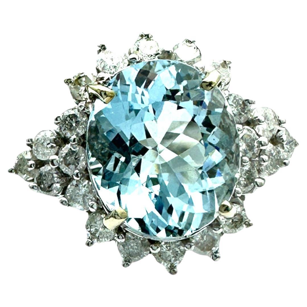 Oval Cut 14k 883 Carat Aquamarine and Diamond Cocktail Ring For Sale