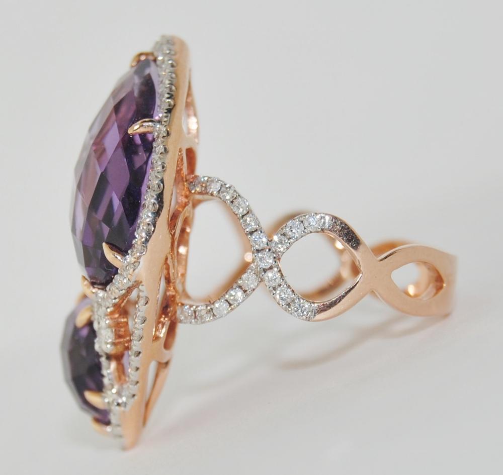 14K rose gold ladies ring featuring 9.59 carats checkerboard Amethysts and 0.99 carats of round brilliant cut diamonds.  New ring, Size 6.5
