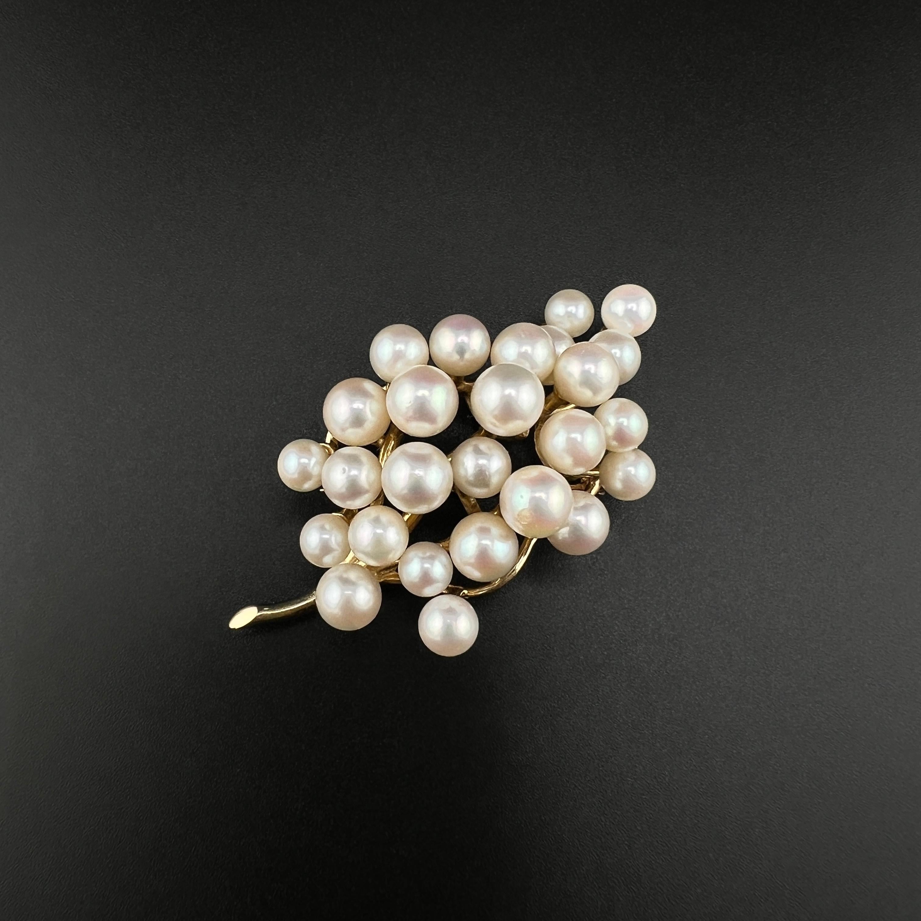 A satisfying presentation of 26 5-7mm Akoya pearls gracefully set on a 14k yellow gold branch with a 1-inch pin. The brooch is approximately 2 inches long and 1 inch wide. 