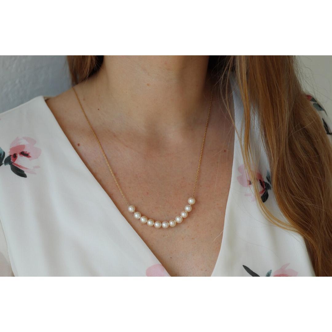 14k Akoya Pearl Necklace. Long Station Pearl Chain Necklace. 27in length 7mm For Sale 3