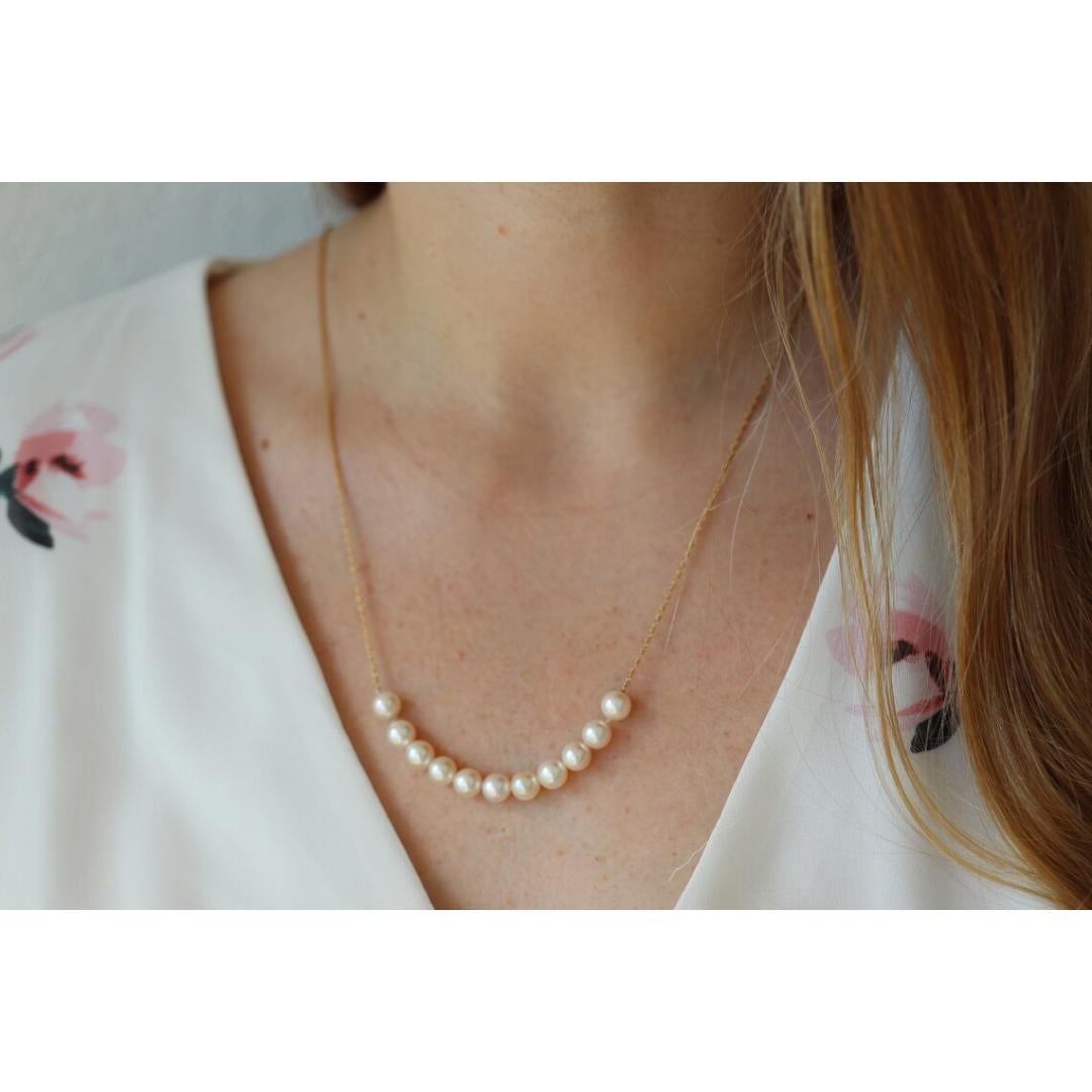 14k Akoya Pearl Necklace. Long Station Pearl Chain Necklace. 27in length 7mm For Sale 4