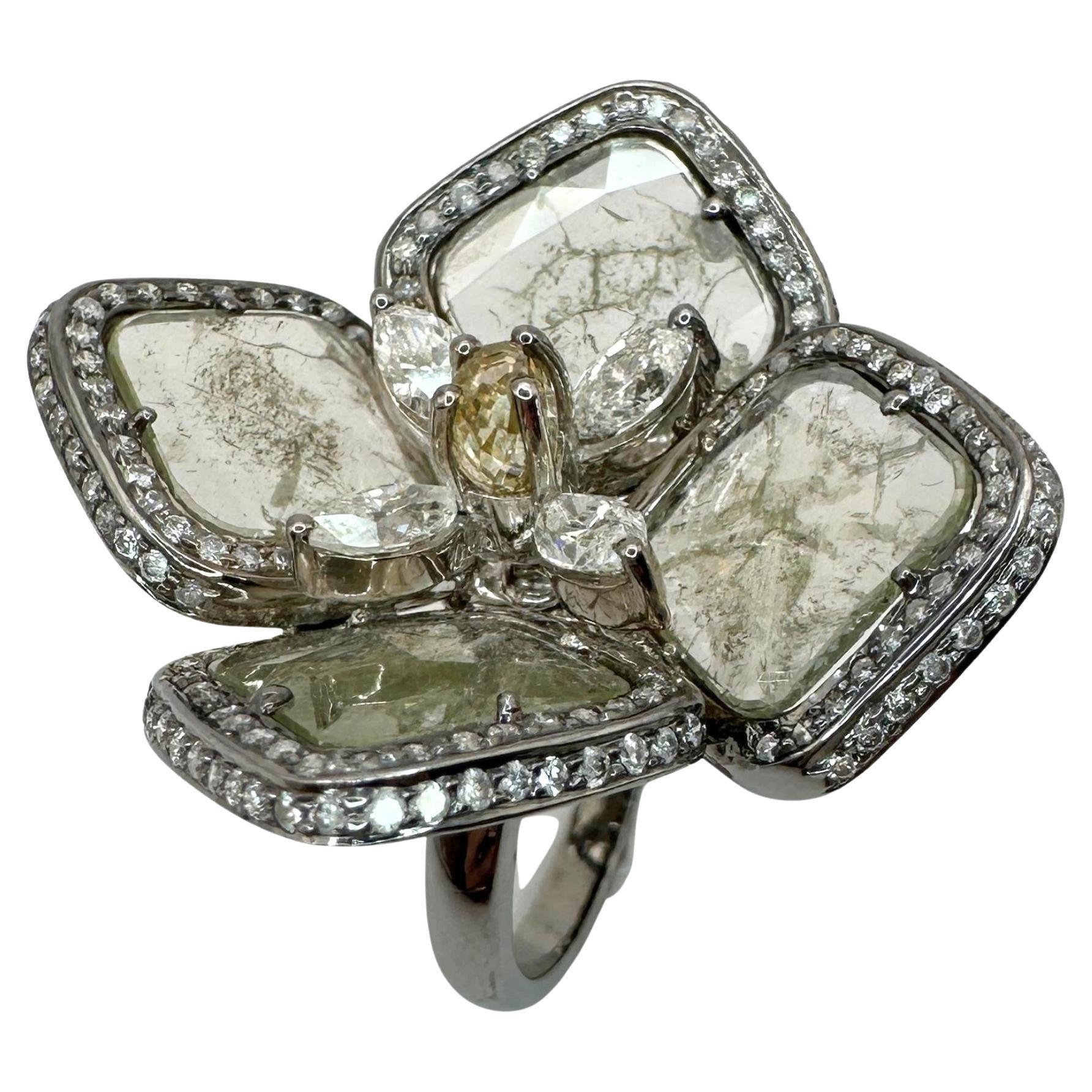 14k All Natural Diamond Flower Cocktail Ring For Sale
