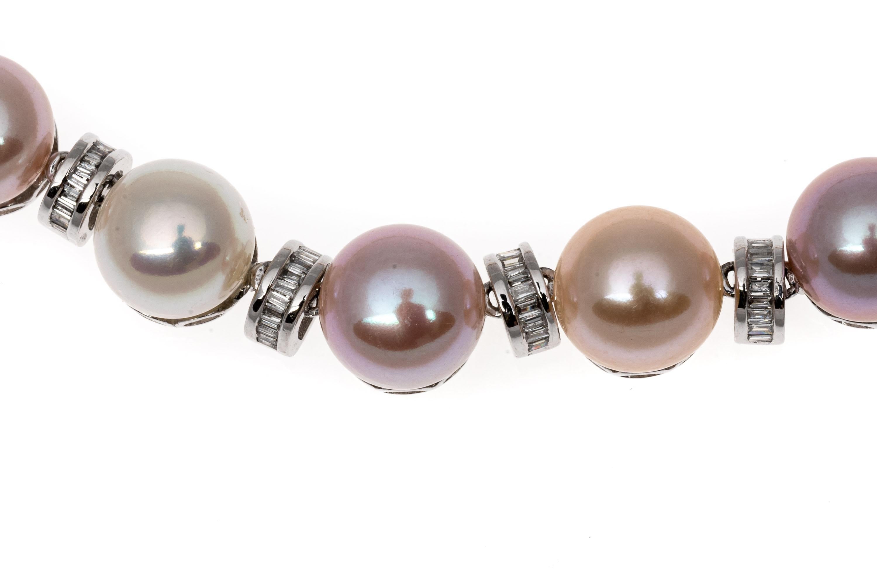 Baguette Cut 14k Amazing Cultured 9mm Button Pearl and Baguette Diamond Necklace, App. 1.54 For Sale