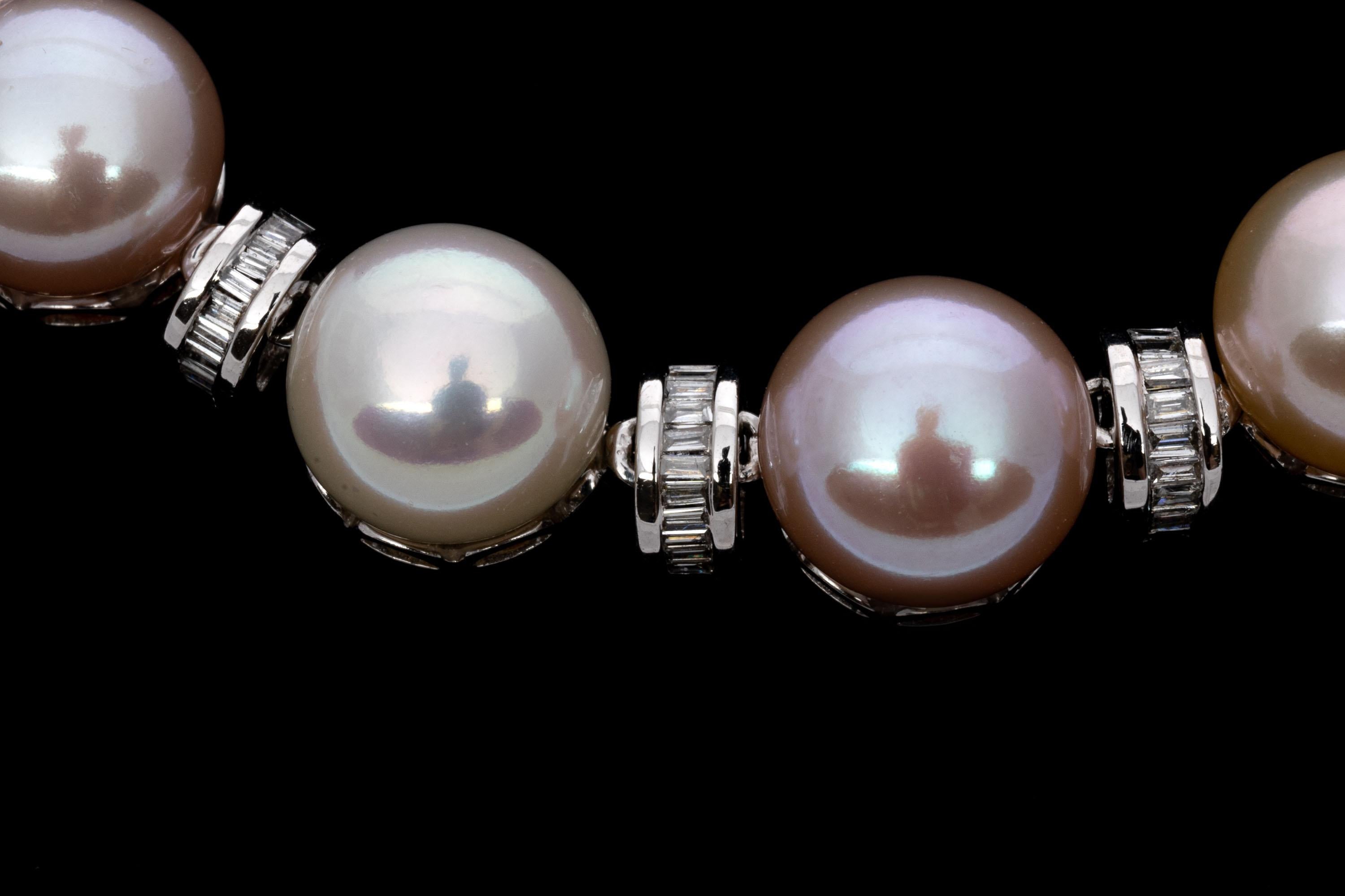 14k Amazing Cultured 9mm Knopf Perle und Baguette Diamant Halskette, App. 1.54  im Zustand „Gut“ im Angebot in Southport, CT