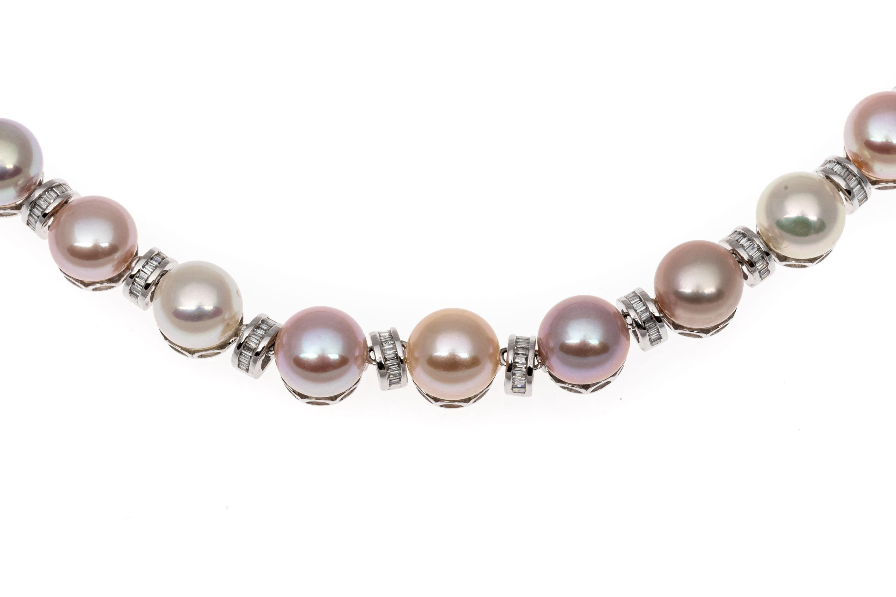 Women's 14k Amazing Cultured 9mm Button Pearl and Baguette Diamond Necklace, App. 1.54 For Sale