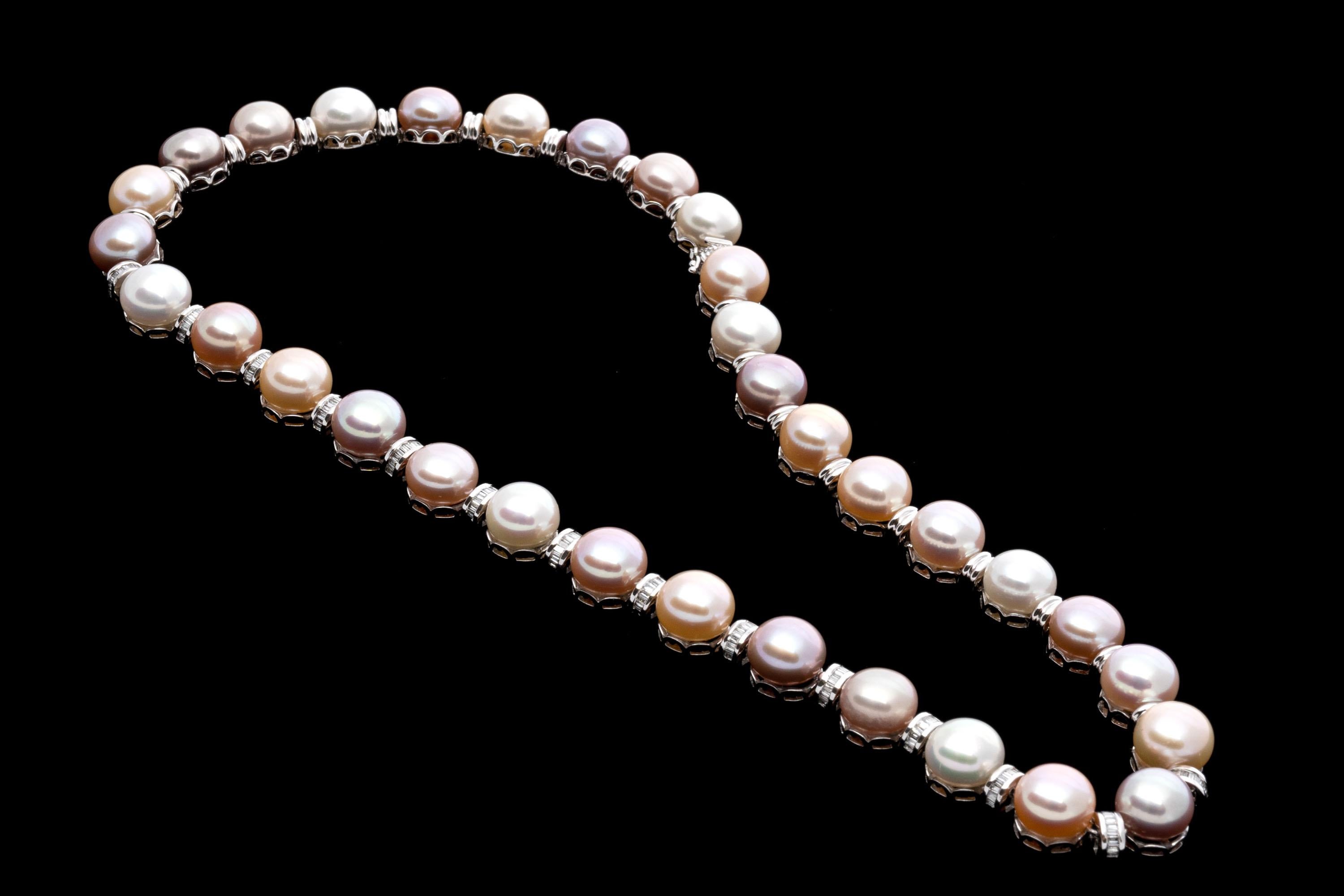 14k Amazing Cultured 9mm Button Pearl and Baguette Diamond Necklace, App. 1.54 For Sale 1