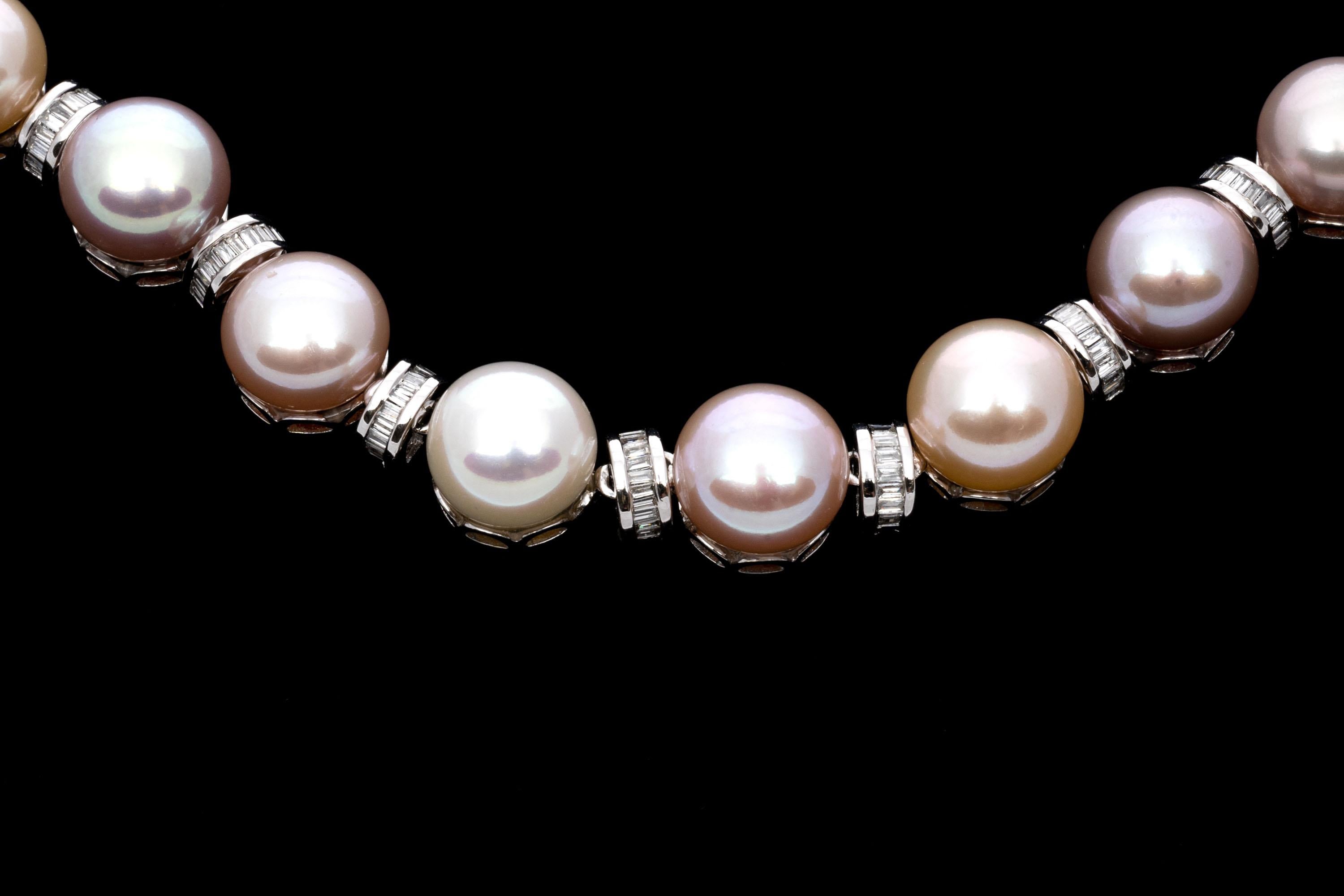 14k Amazing Cultured 9mm Button Pearl and Baguette Diamond Necklace, App. 1.54 For Sale 2