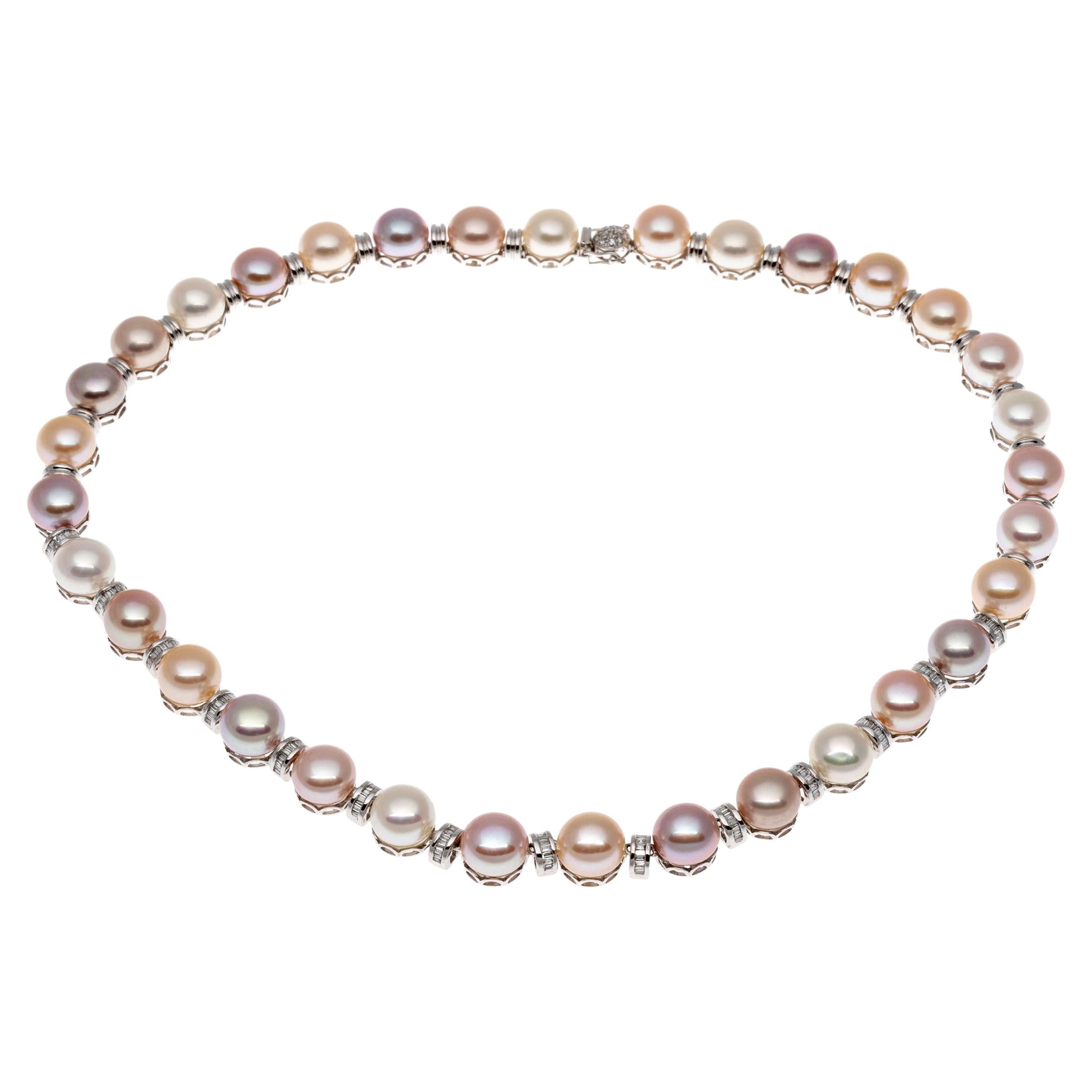 14k Amazing Cultured 9mm Button Pearl and Baguette Diamond Necklace, App. 1.54 For Sale