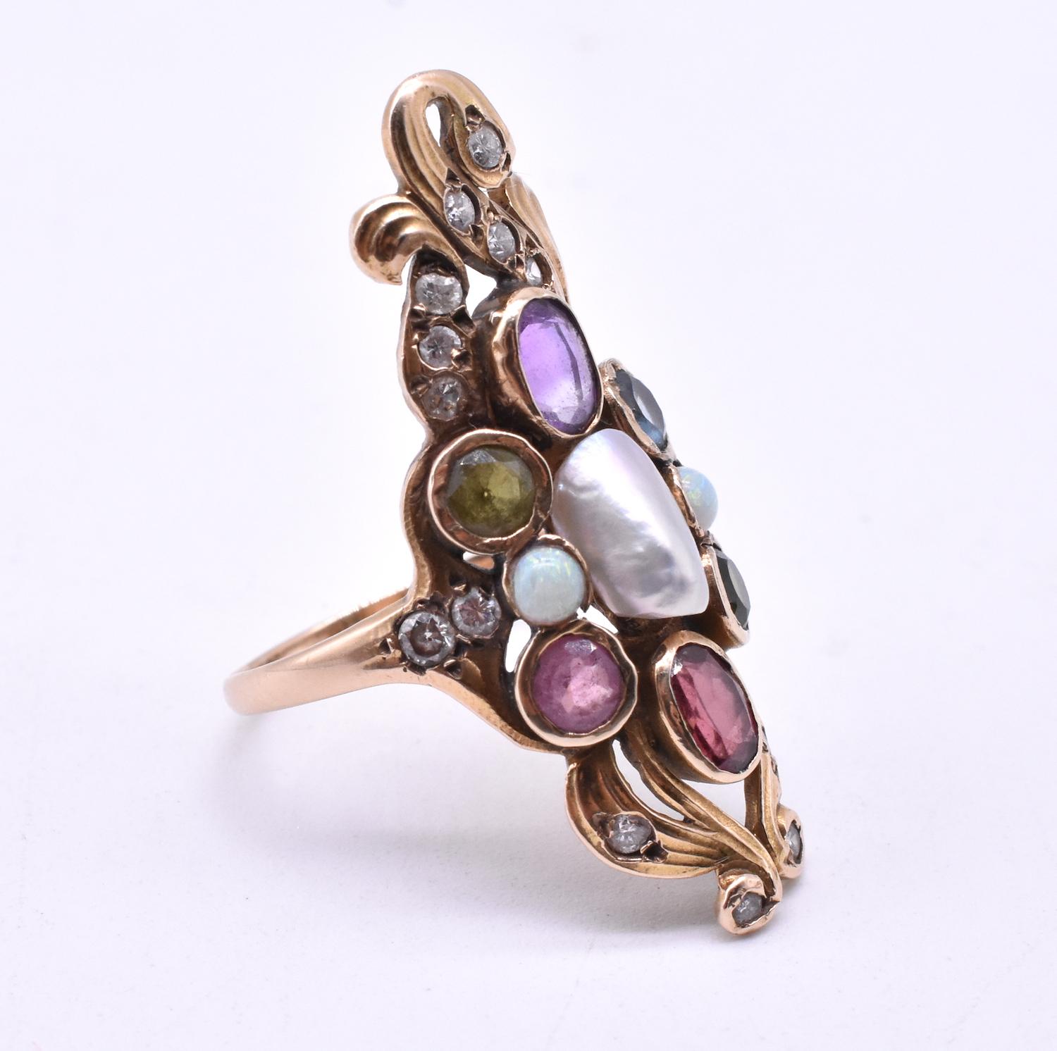 Women's 14 Karat American Art Nouveau Ring with Diamonds and Semi Precious Stones