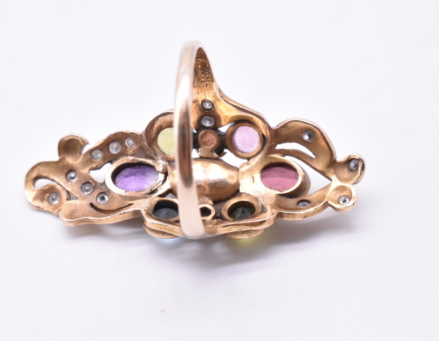 14 Karat American Art Nouveau Ring with Diamonds and Semi Precious Stones In Good Condition In Baltimore, MD