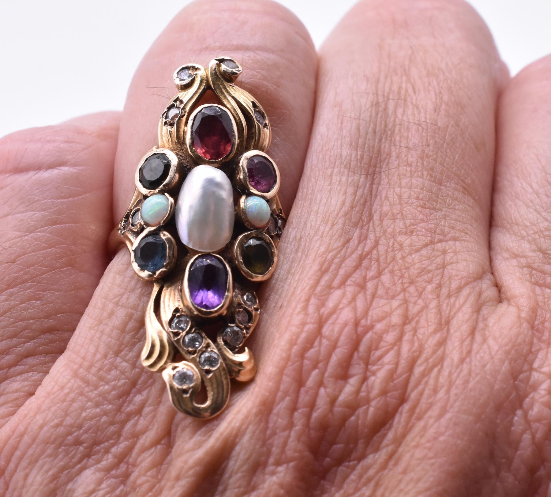 14 Karat American Art Nouveau Ring with Diamonds and Semi Precious Stones For Sale 1