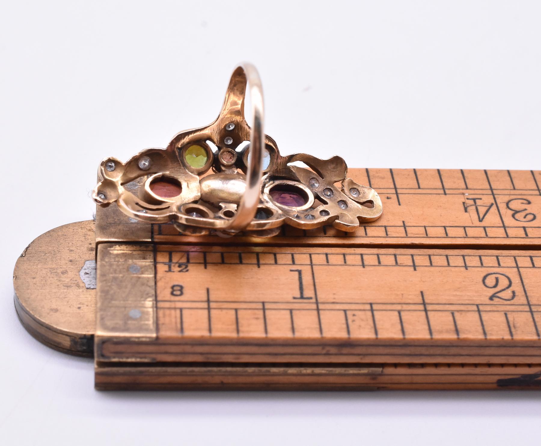 14 Karat American Art Nouveau Ring with Diamonds and Semi Precious Stones For Sale 2