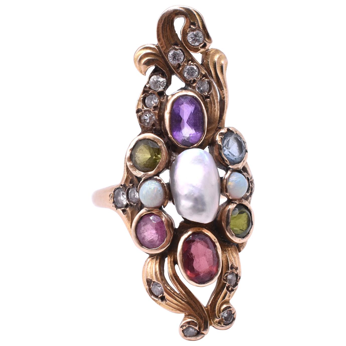 14 Karat American Art Nouveau Ring with Diamonds and Semi Precious Stones For Sale