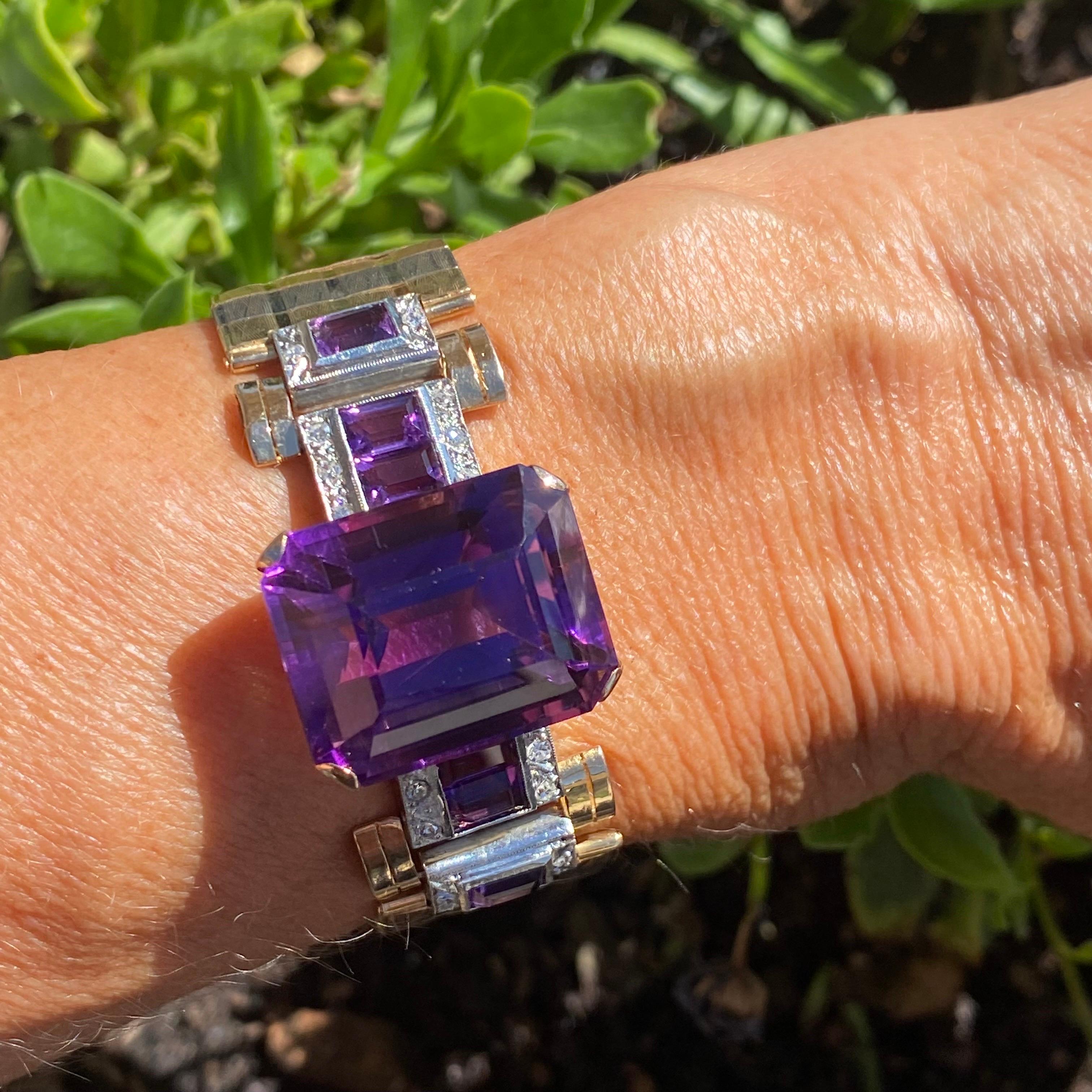 14K Amethyst and Diamond Bracelet Mesh Tri-Color 50 CTS In Good Condition In Laguna Hills, CA