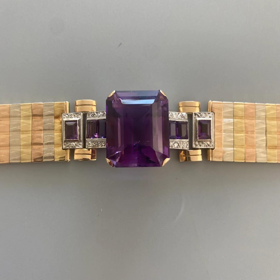 Women's or Men's 14K Amethyst and Diamond Bracelet Mesh Tri-Color 50 CTS