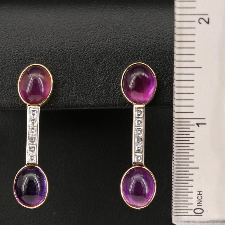 
Materials: 14K Gold
Earring Type: Drop
Earring Closure Type: Clutch Back
Hallmarks: 14K Pictorial (clutches); 14K (posts)
Total Weight (grams): 8.10 grams
 	 
Primary Stone Type: Amethyst
Primary Stone Shape: Oval Cabochon
Primary Stone Count: