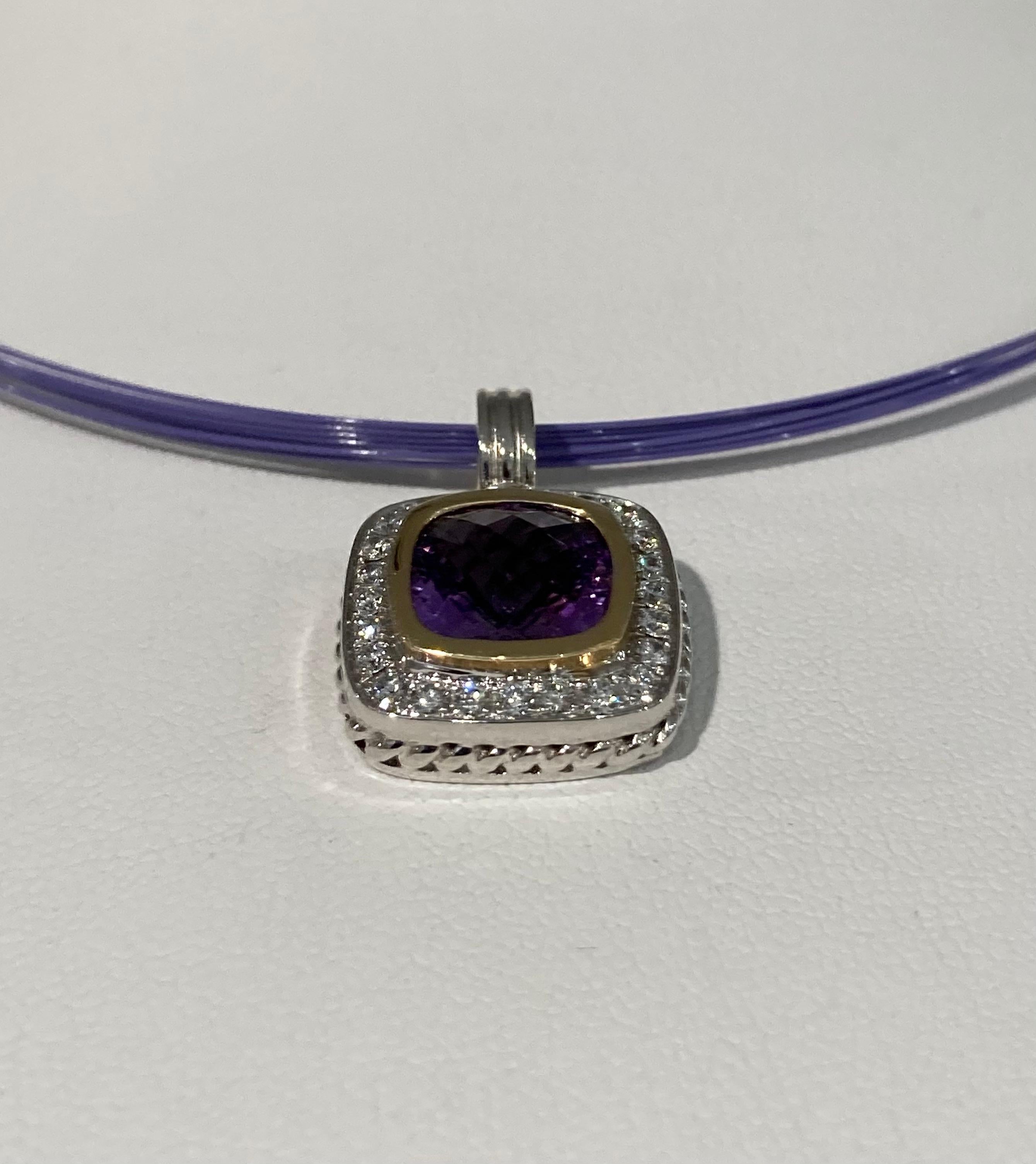 Modern 14 Karat Amethyst and Diamond Necklace For Sale
