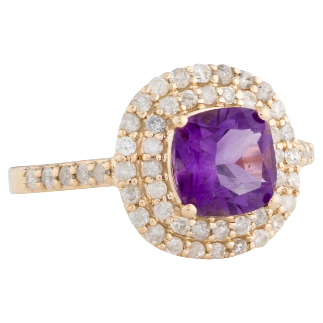 14K Amethyst & Diamond Cocktail Ring, 1.33ct Cushion Modified Brilliant Purple S For Sale