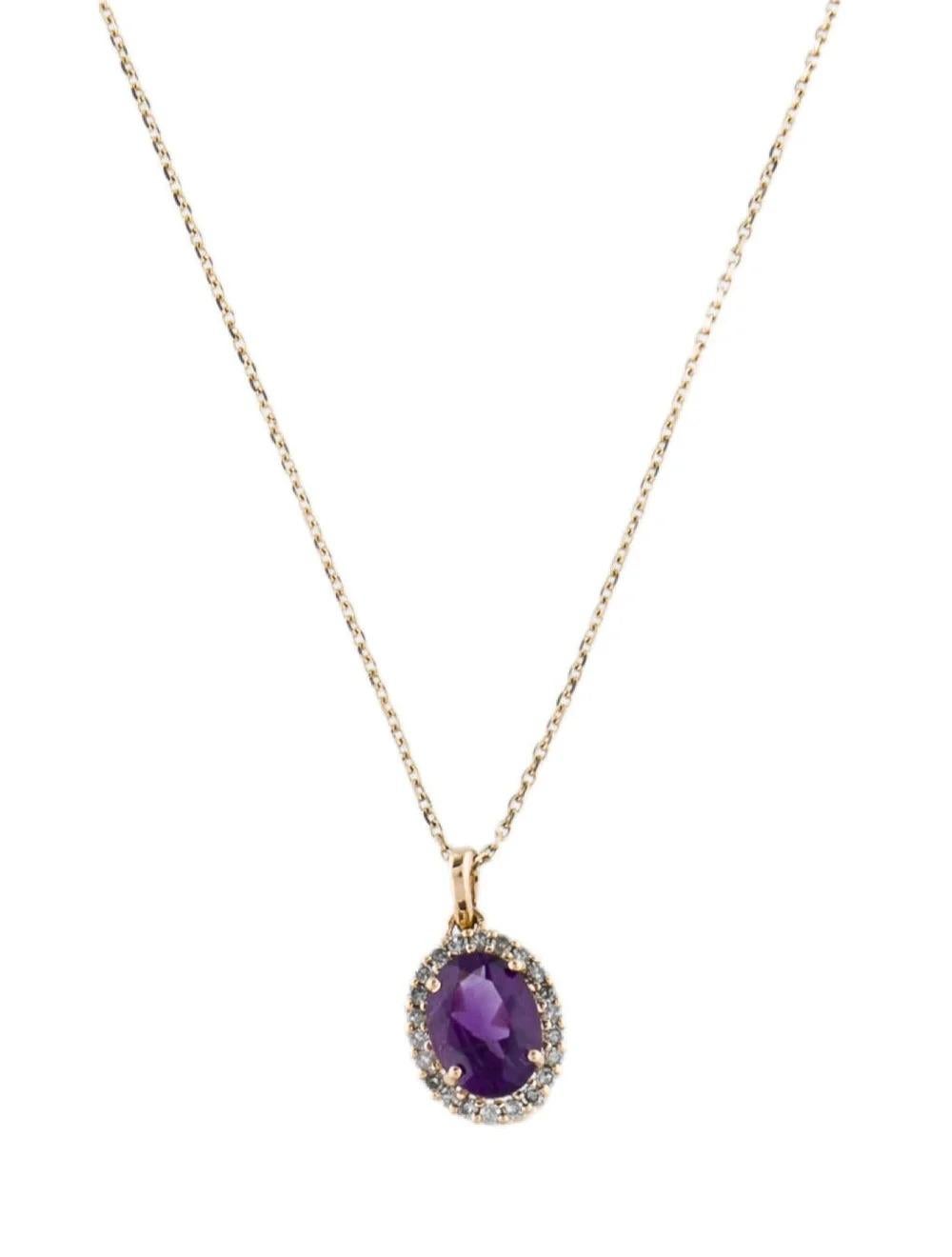 Indulge in timeless elegance with this exquisite 14K Yellow Gold pendant necklace, adorned with a captivating 1.10 Carat Oval Modified Brilliant Amethyst complemented by delicate diamond accents.

SPECIFICATIONS:

* Metal Type: 14K Yellow Gold
*
