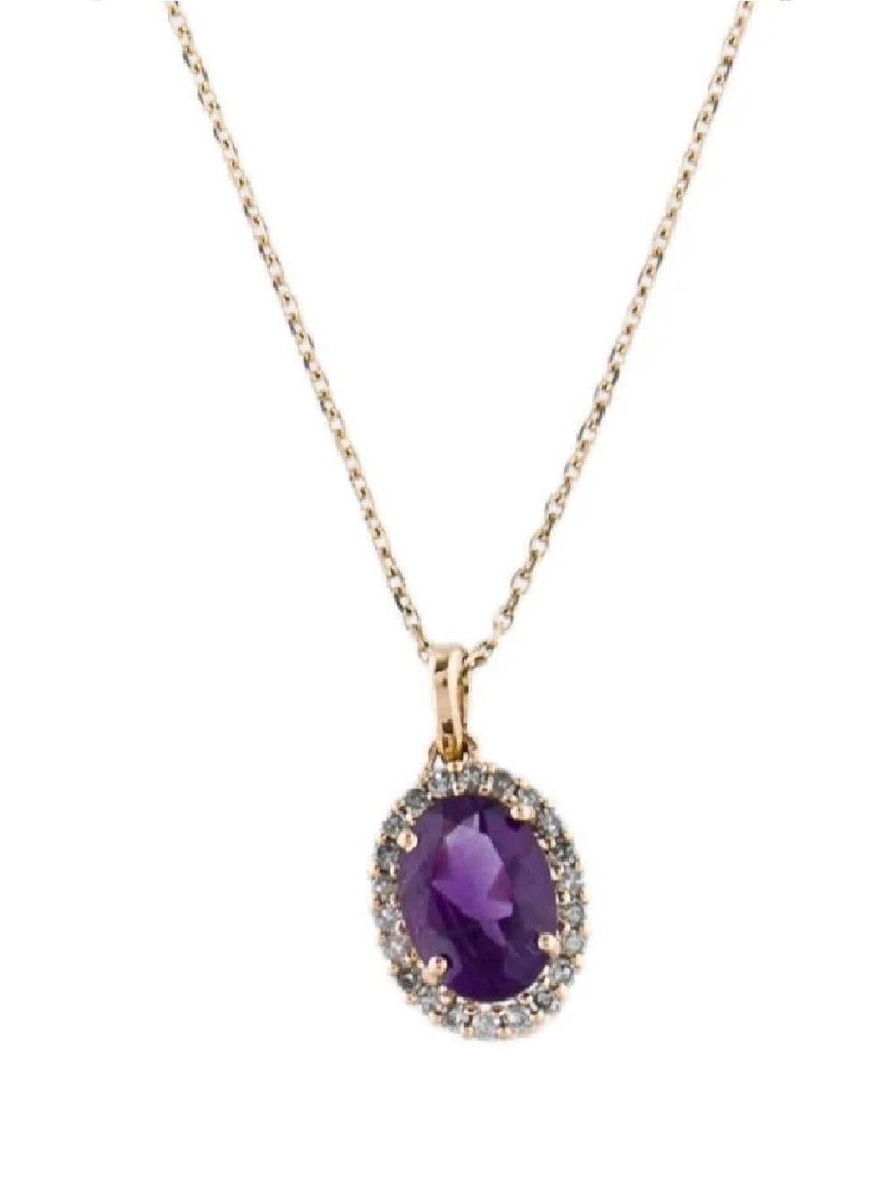 14K Amethyst Diamond Pendant Necklace - Vintage Style Jewelry, Statement Piece In New Condition For Sale In Holtsville, NY