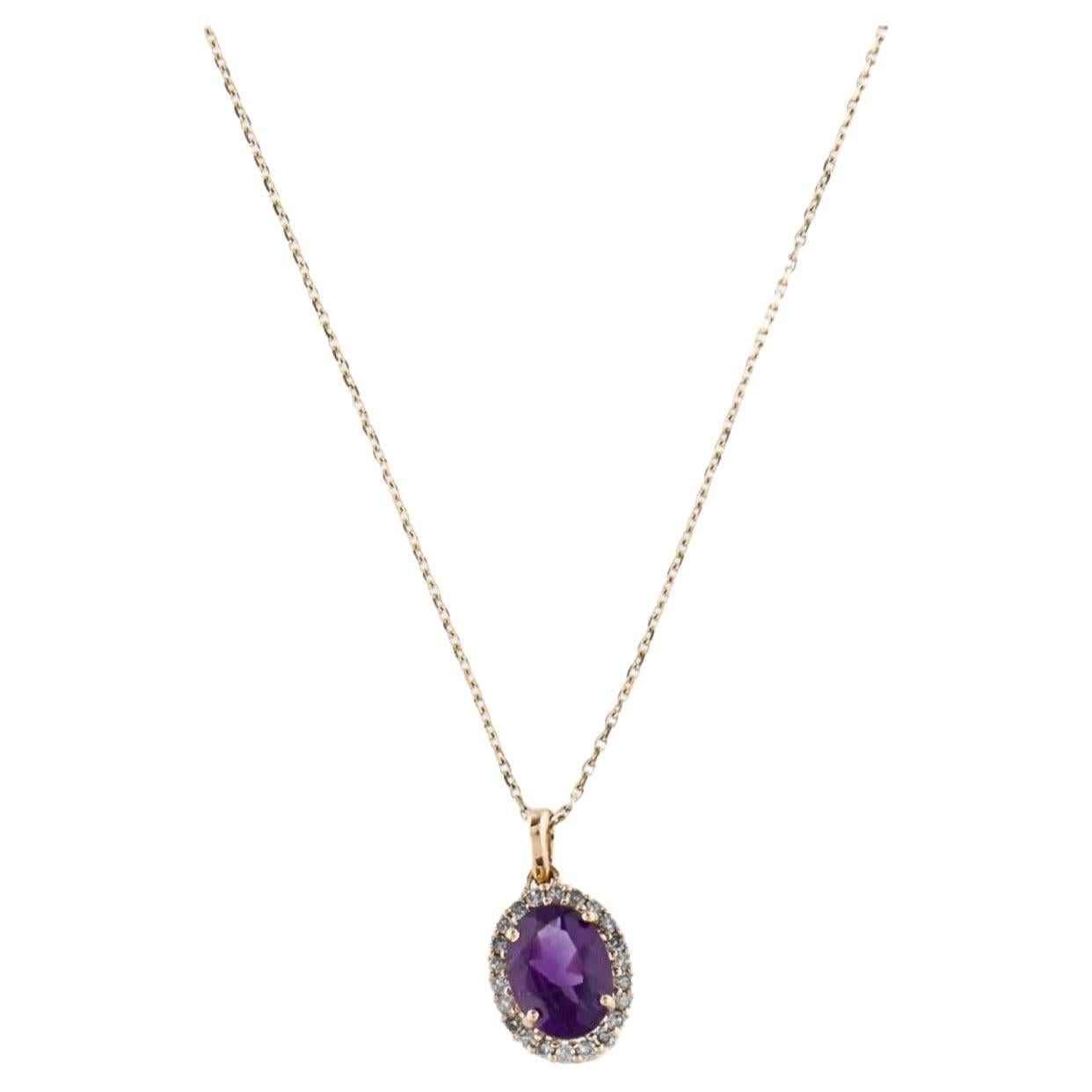 14K Amethyst Diamond Pendant Necklace - Vintage Style Jewelry, Statement Piece For Sale