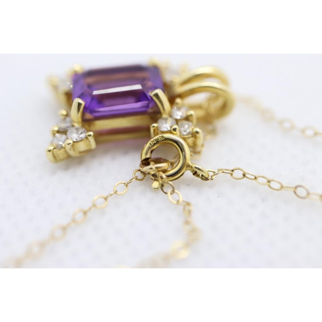 Pendentif 14k en améthyste taille émeraude et diamants. Étoile à grappes de diamants et 16 pouces en vente 7