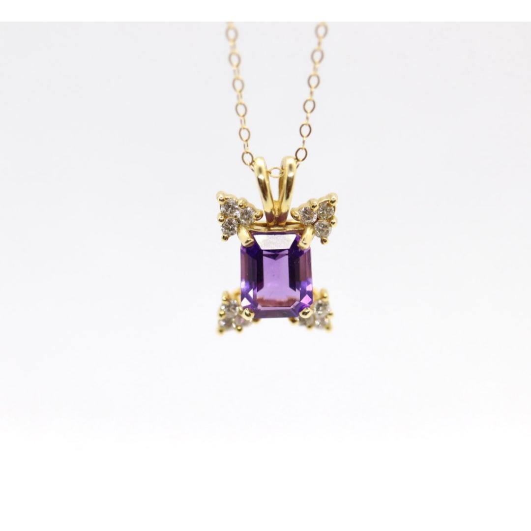 Pendentif 14k en améthyste taille émeraude et diamants. Étoile à grappes de diamants et 16 pouces en vente 3