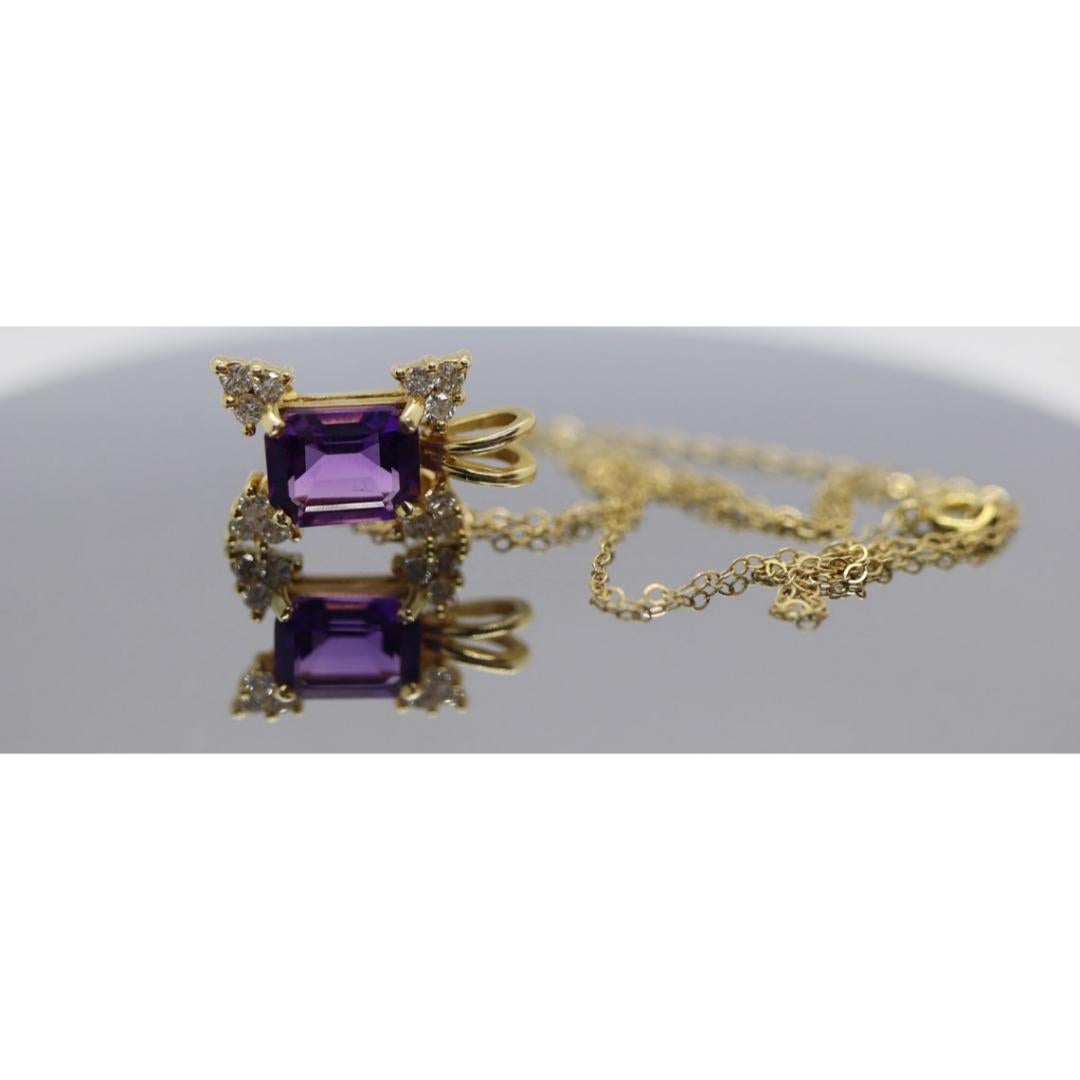 Pendentif 14k en améthyste taille émeraude et diamants. Étoile à grappes de diamants et 16 pouces en vente 4