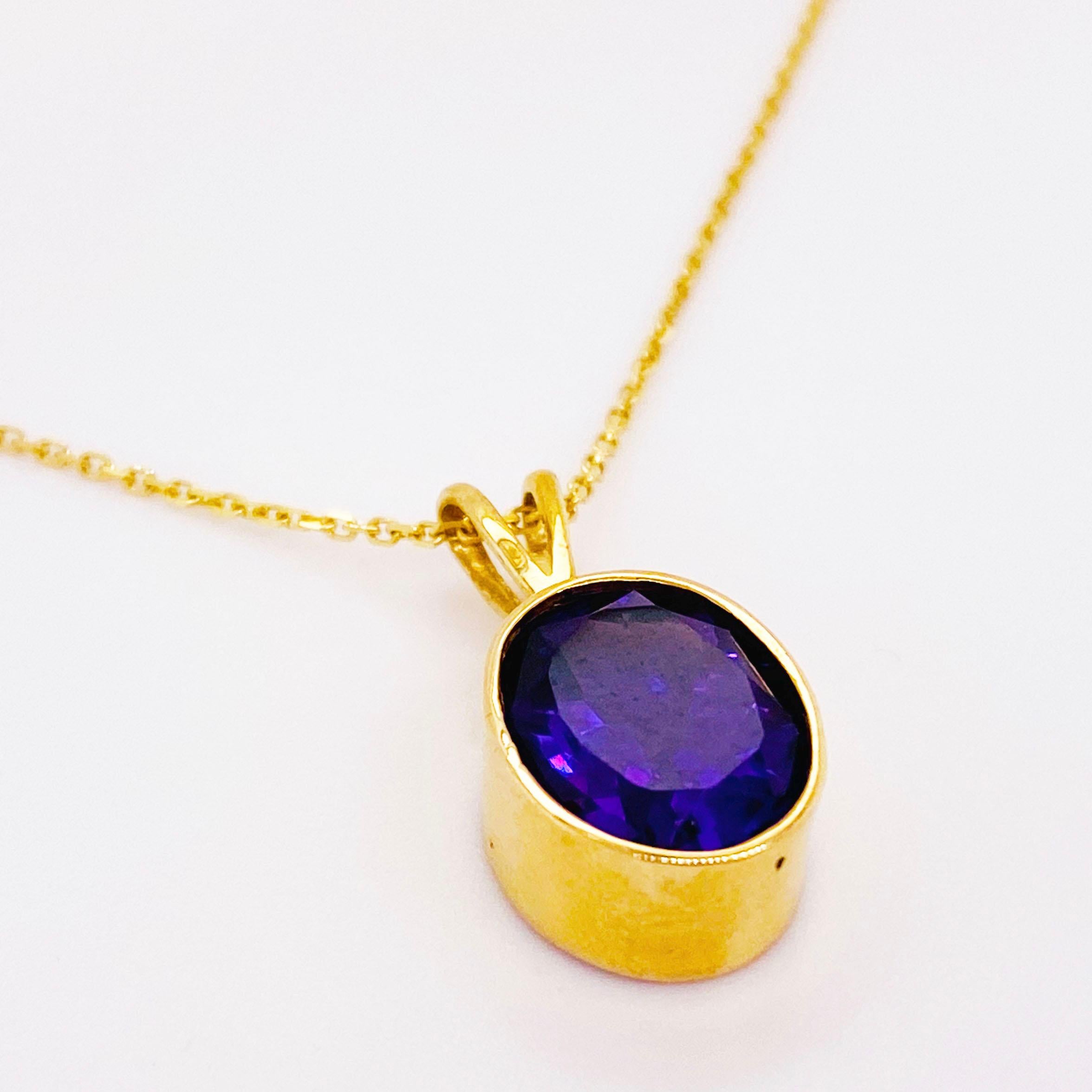 Contemporary 14 Karat Amethyst Necklace in 14 Karat Gold Bezel with Chain, Adjustable Lengths