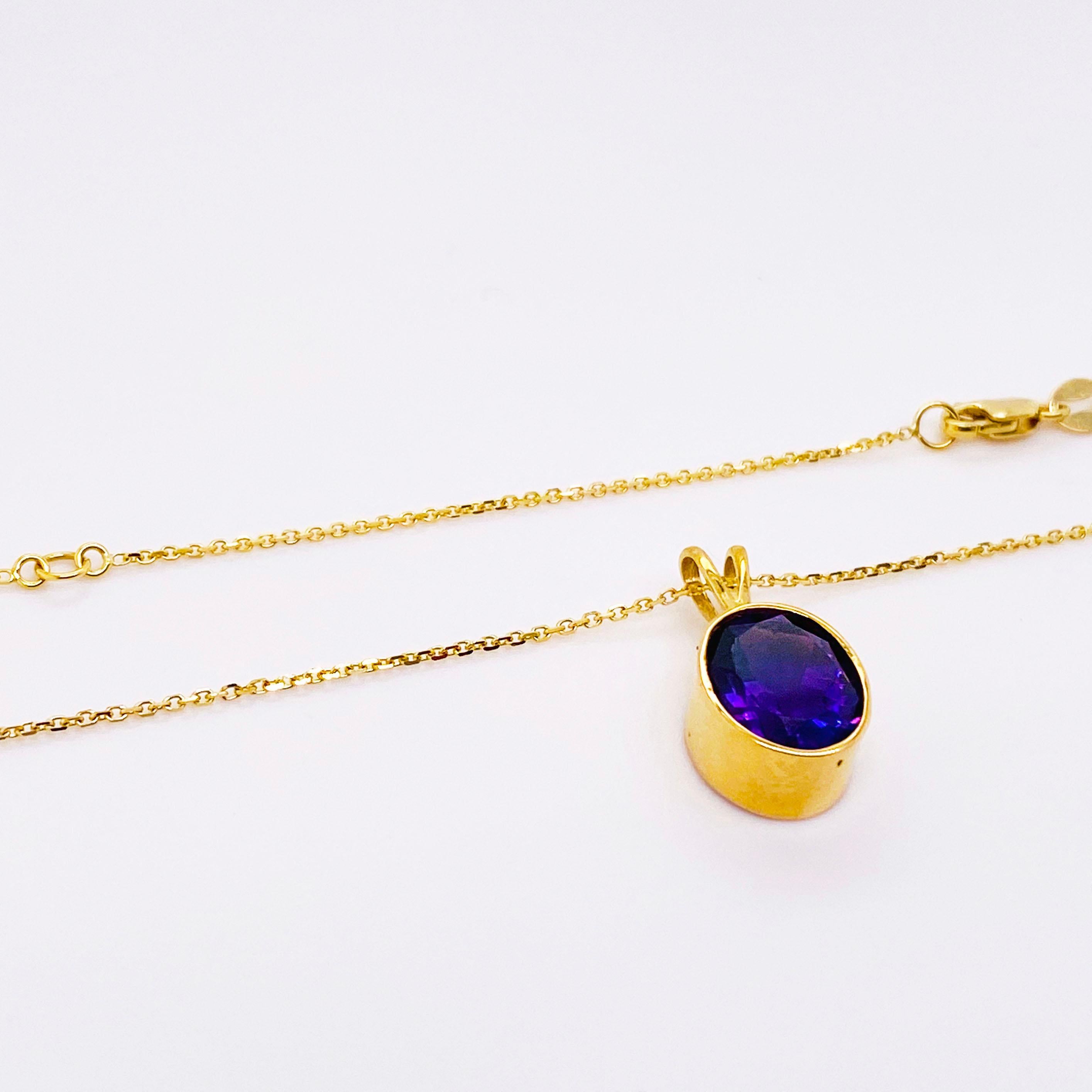 Oval Cut 14 Karat Amethyst Necklace in 14 Karat Gold Bezel with Chain, Adjustable Lengths