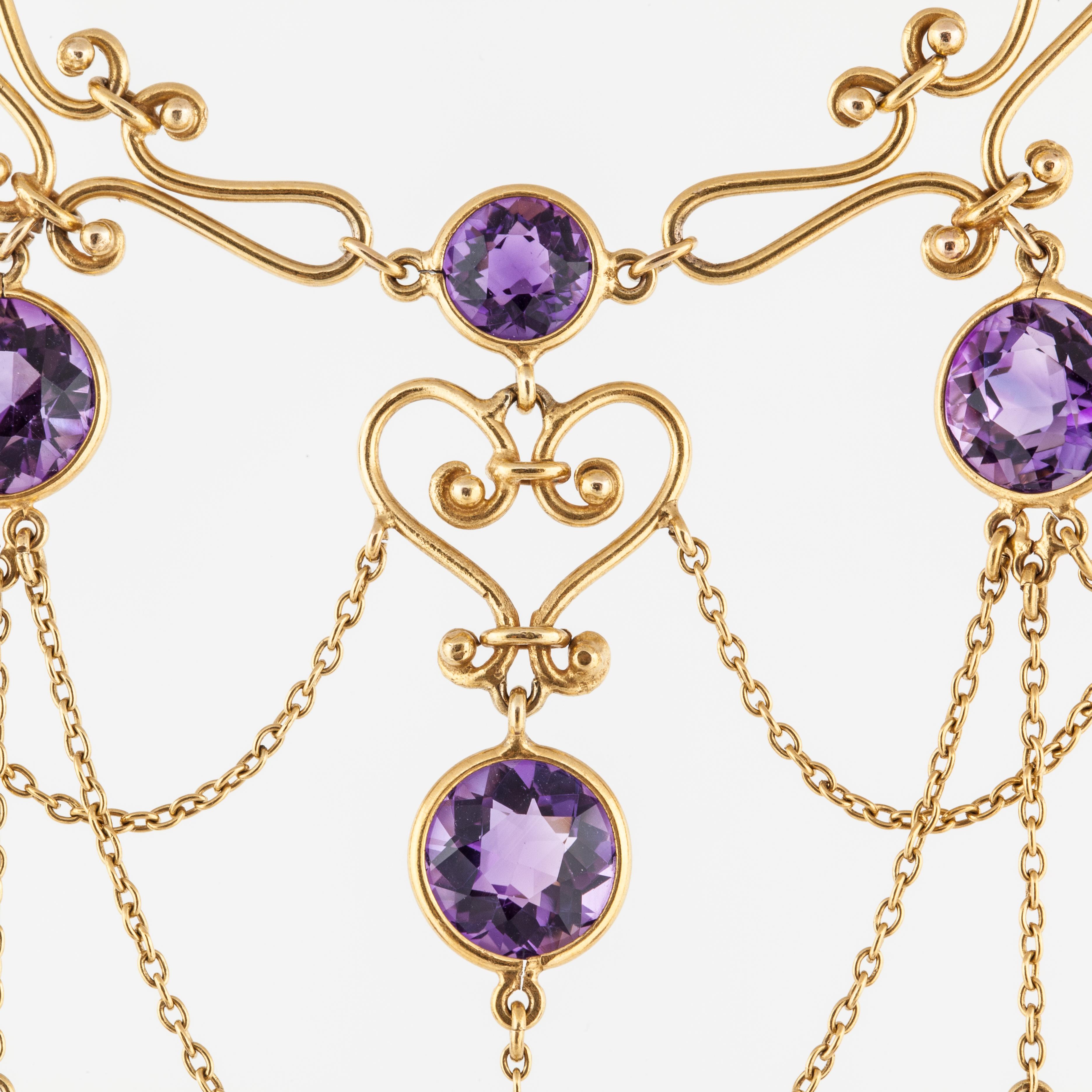 Round Cut Late Victorian Amethyst Swag Necklace in 14K Gold
