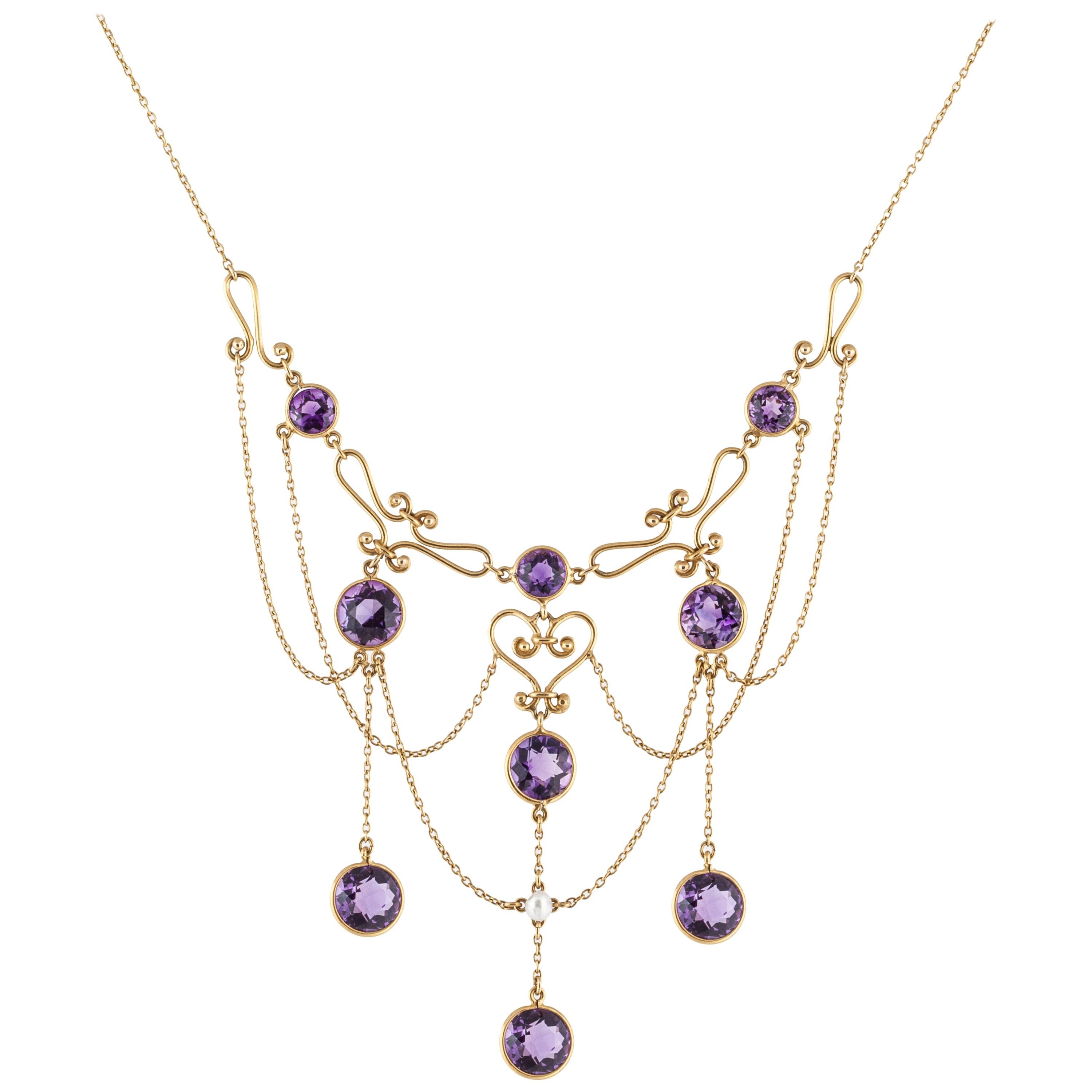 Late Victorian Amethyst Swag Necklace in 14K Gold
