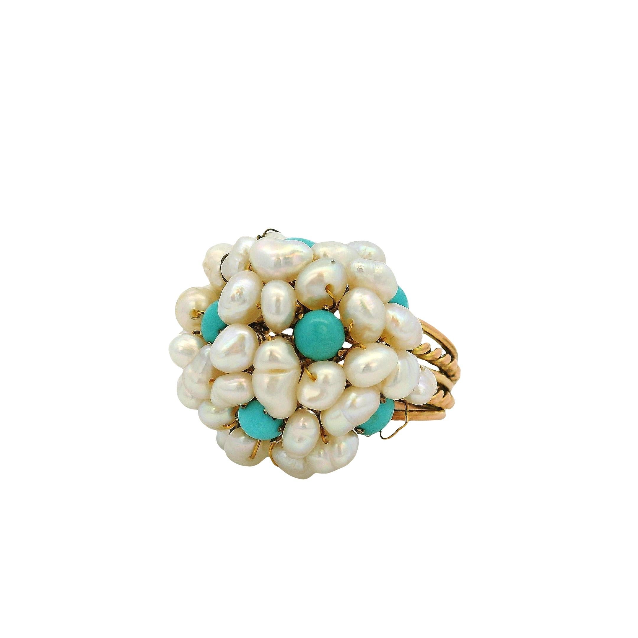 Anillo de cóctel de oro amarillo con perla de agua dulce y turquesa en venta 6