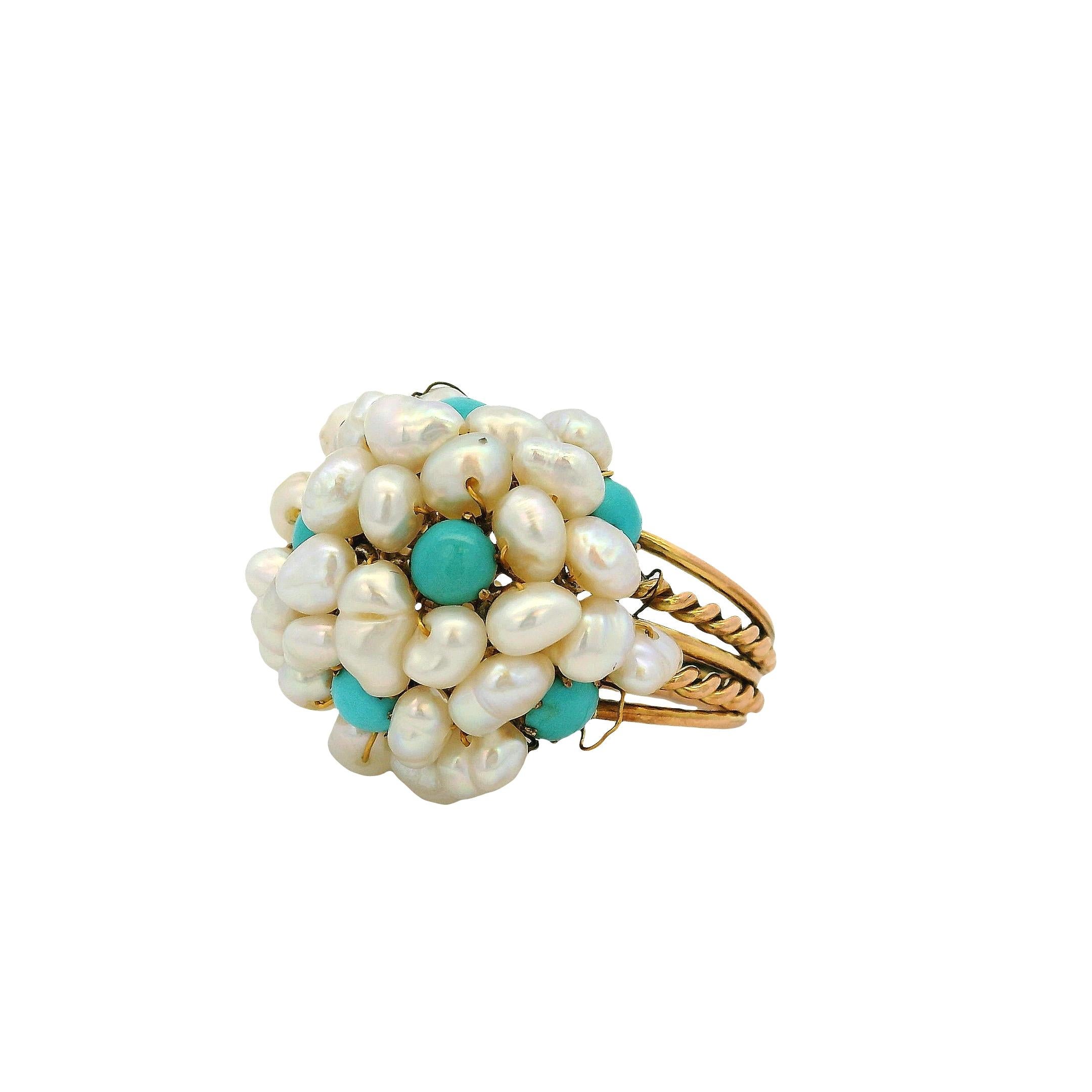 Anillo de cóctel de oro amarillo con perla de agua dulce y turquesa en venta 7