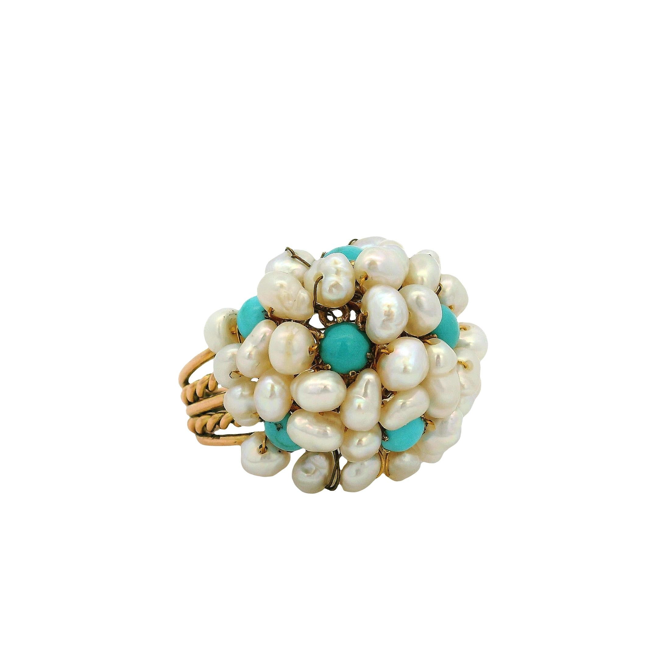 Anillo de cóctel de oro amarillo con perla de agua dulce y turquesa en venta 8