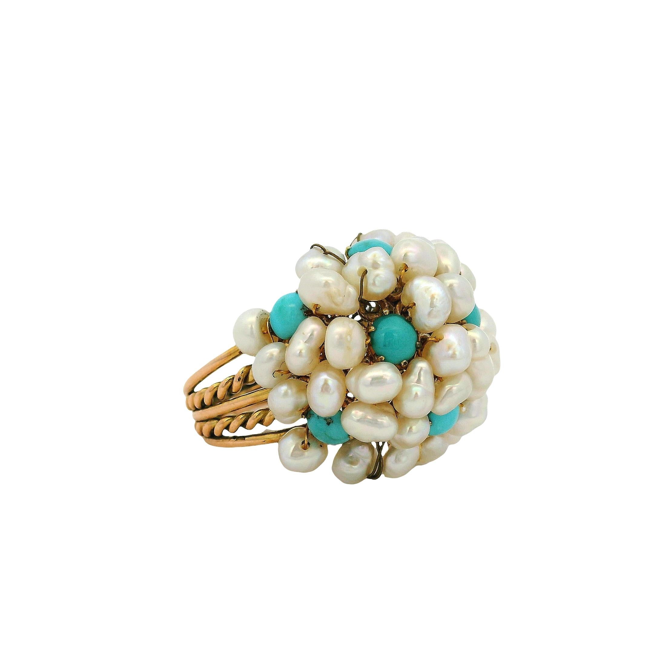 Anillo de cóctel de oro amarillo con perla de agua dulce y turquesa en venta 9