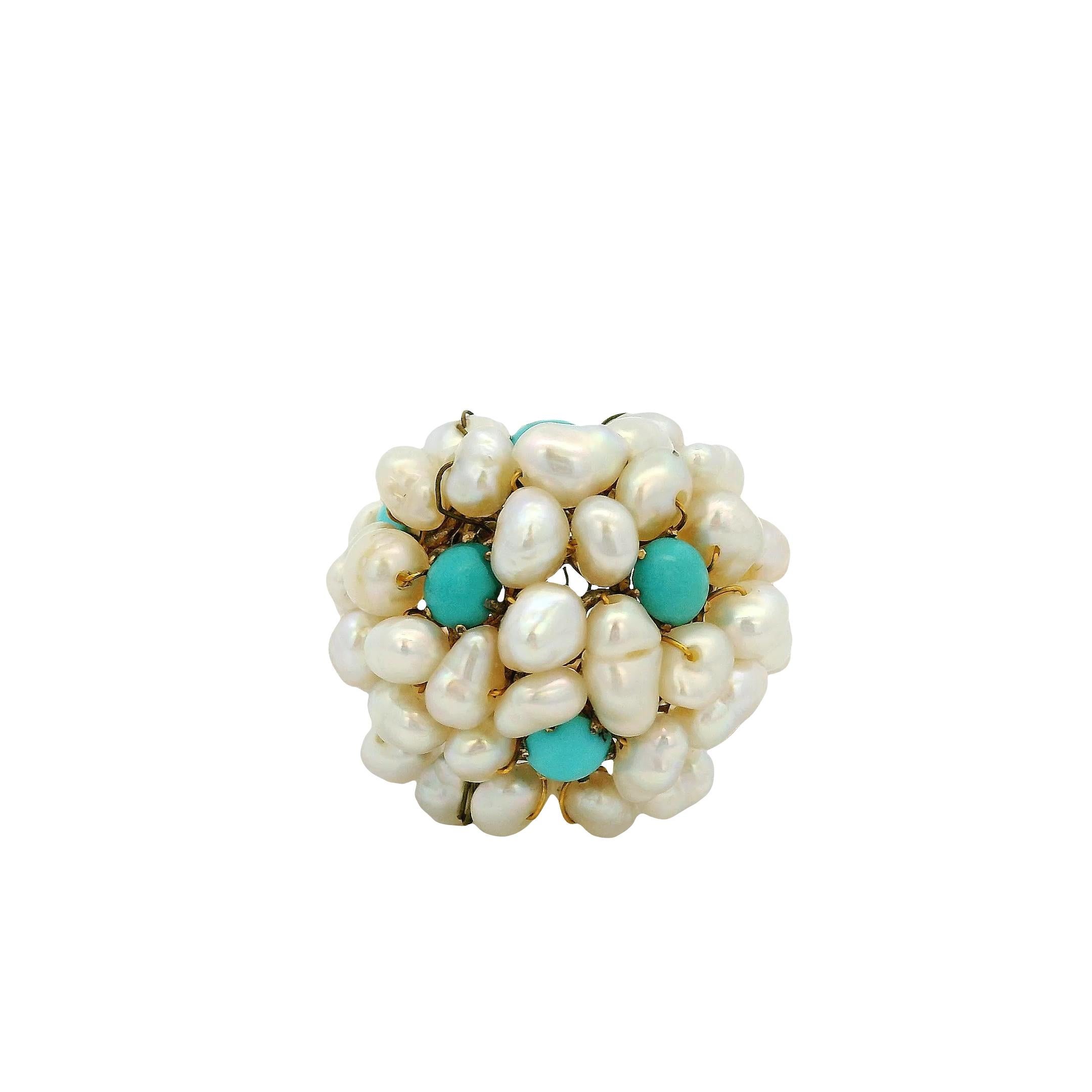 Anillo de cóctel de oro amarillo con perla de agua dulce y turquesa en venta 1