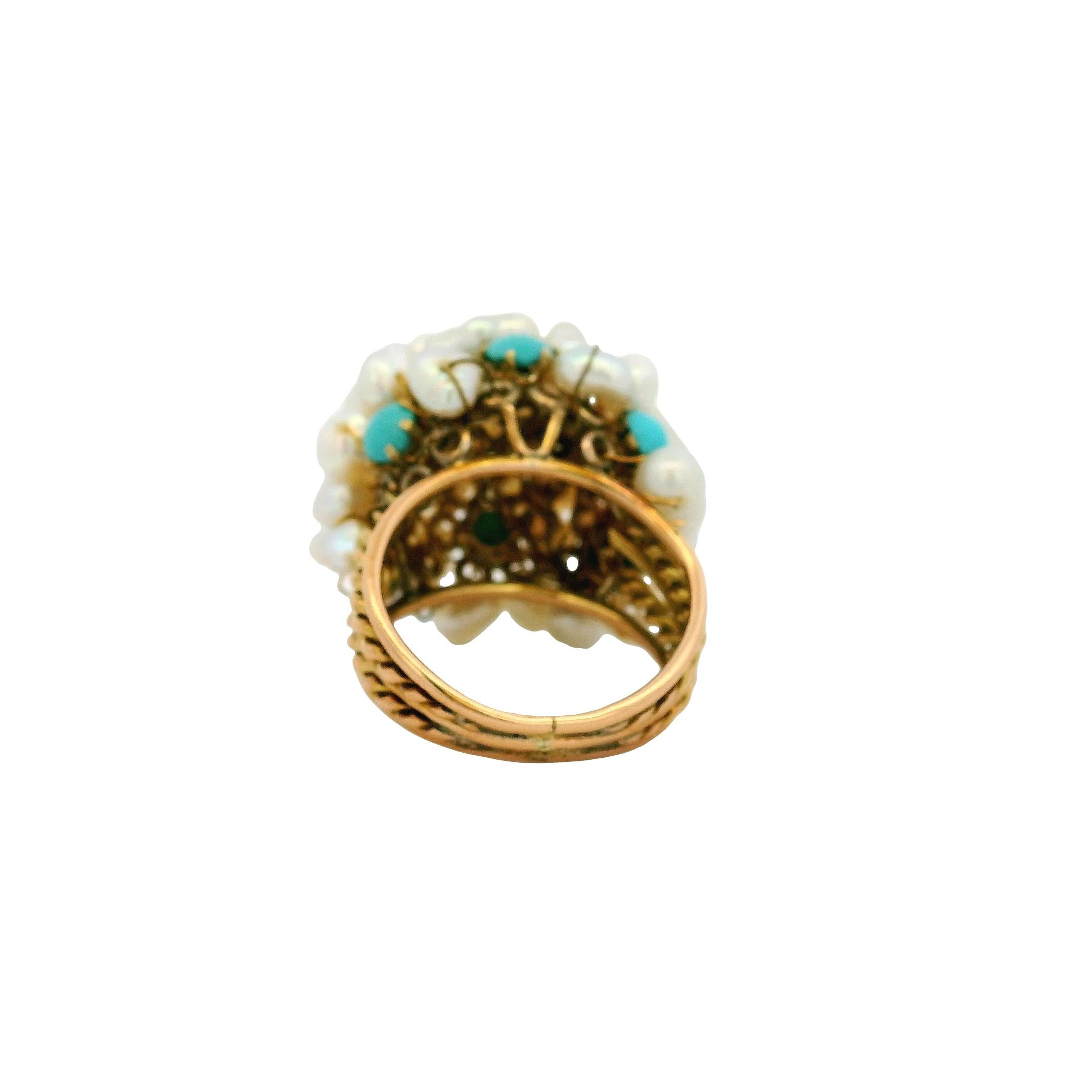 Anillo de cóctel de oro amarillo con perla de agua dulce y turquesa en venta 3