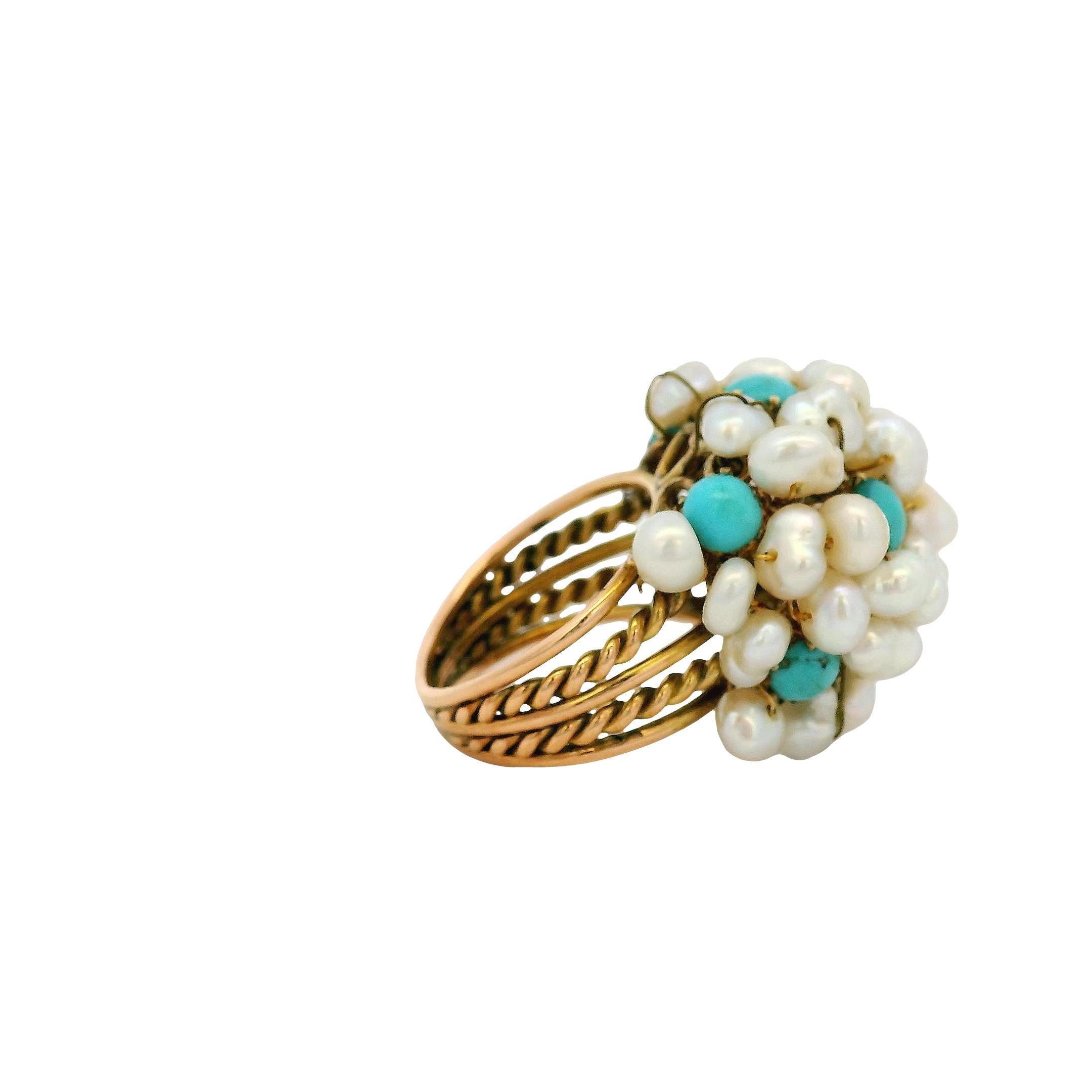 Anillo de cóctel de oro amarillo con perla de agua dulce y turquesa en venta 4