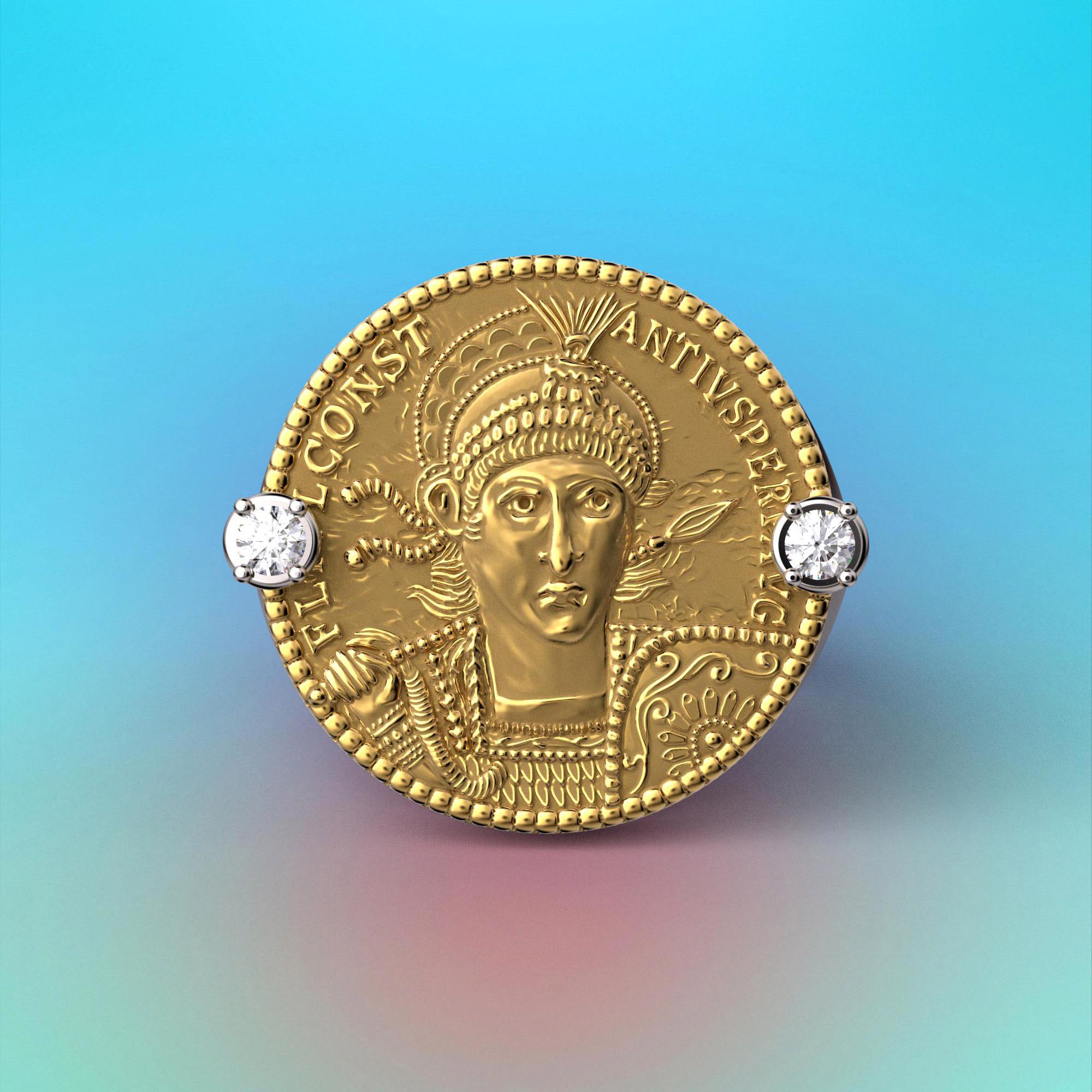 En vente :  Bague à pièce de monnaie en or 14 carats de style romain ancien avec reproduction d'un solide romain 2