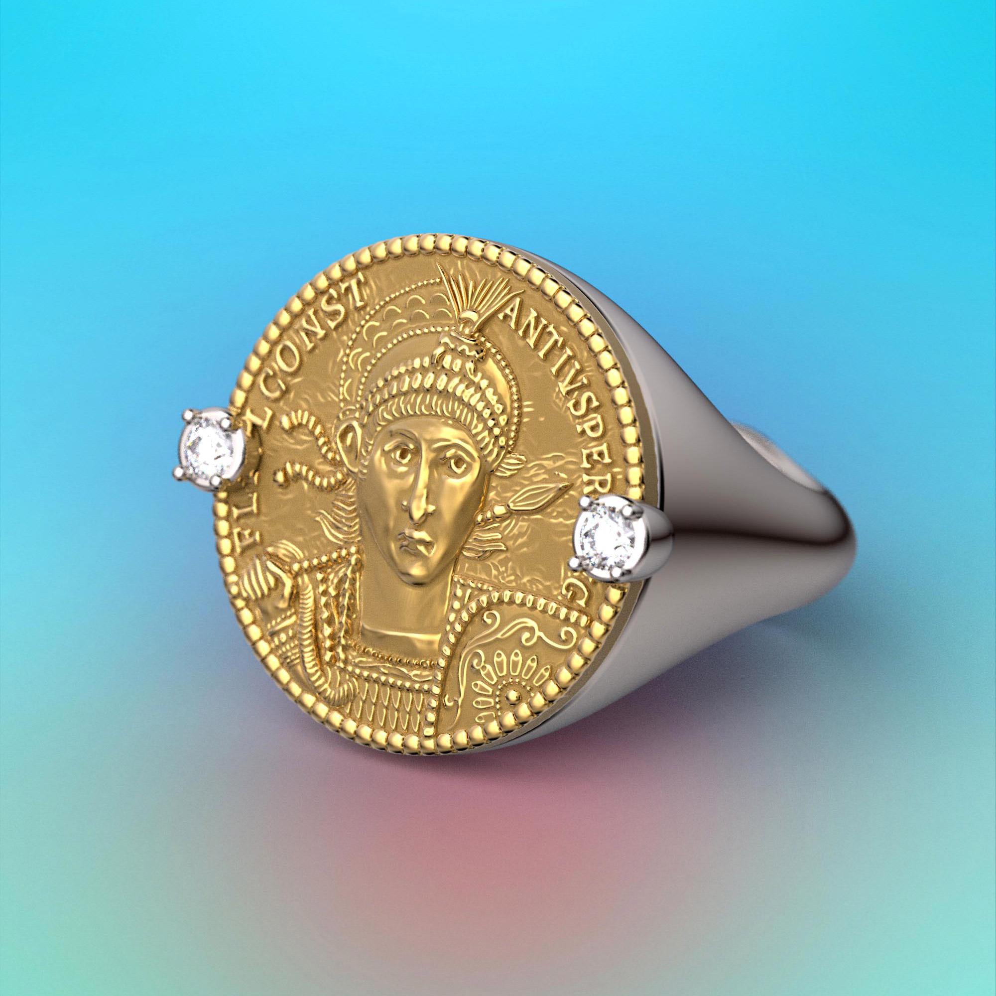 En vente :  Bague à pièce de monnaie en or 14 carats de style romain ancien avec reproduction d'un solide romain 3