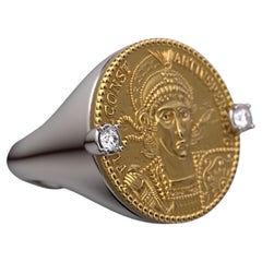 Bague à pièce de monnaie en or 14 carats de style romain ancien avec reproduction d'un solide romain