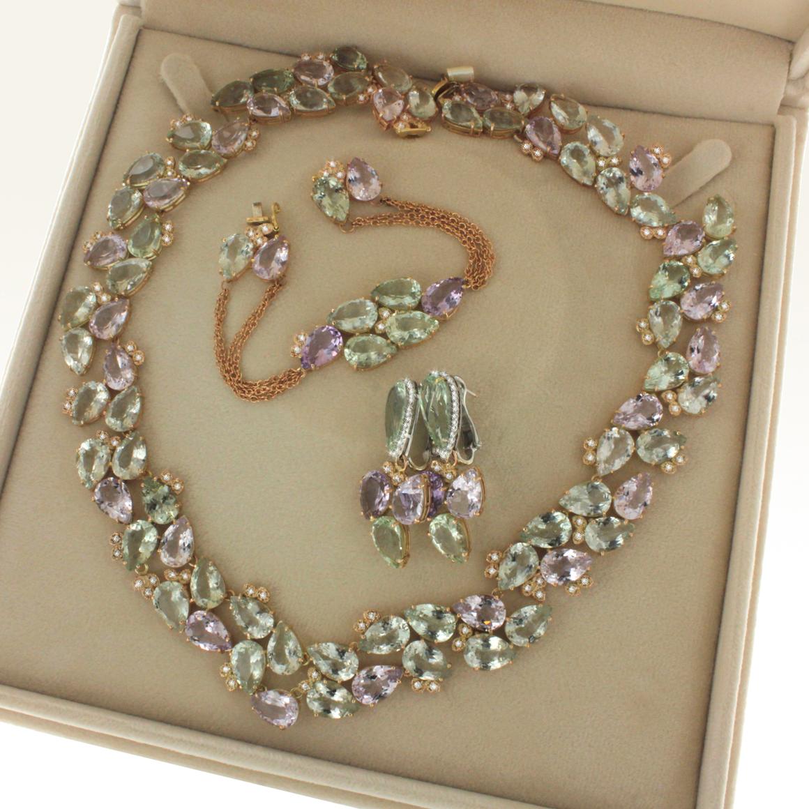 Rose Cut 14k Rose Gold With Prasiolite Light Purple Amethyst And White Diamonds Necklace For Sale