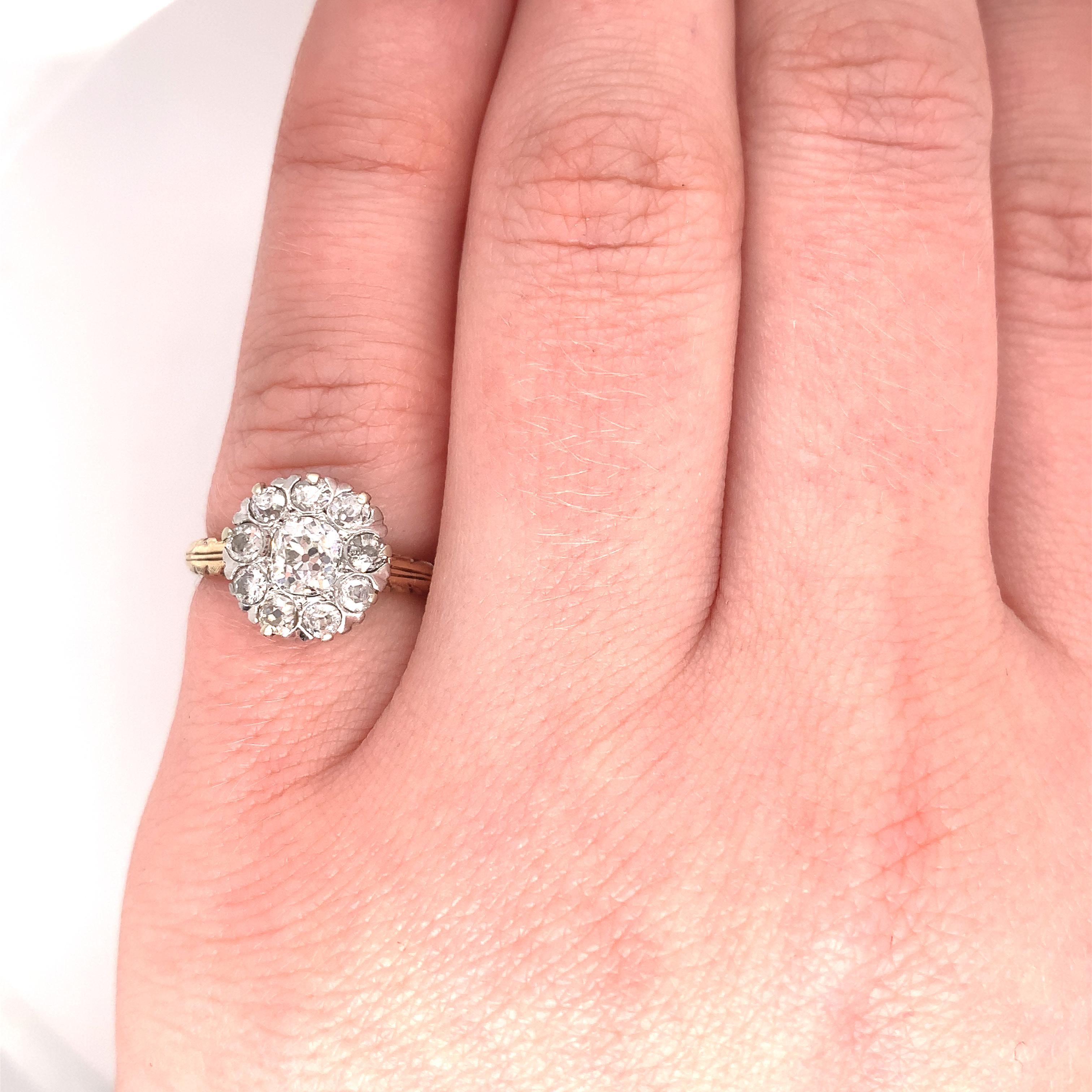 14K and Platinum Mine Cut 1 Carat Tw Diamond Ring For Sale 1
