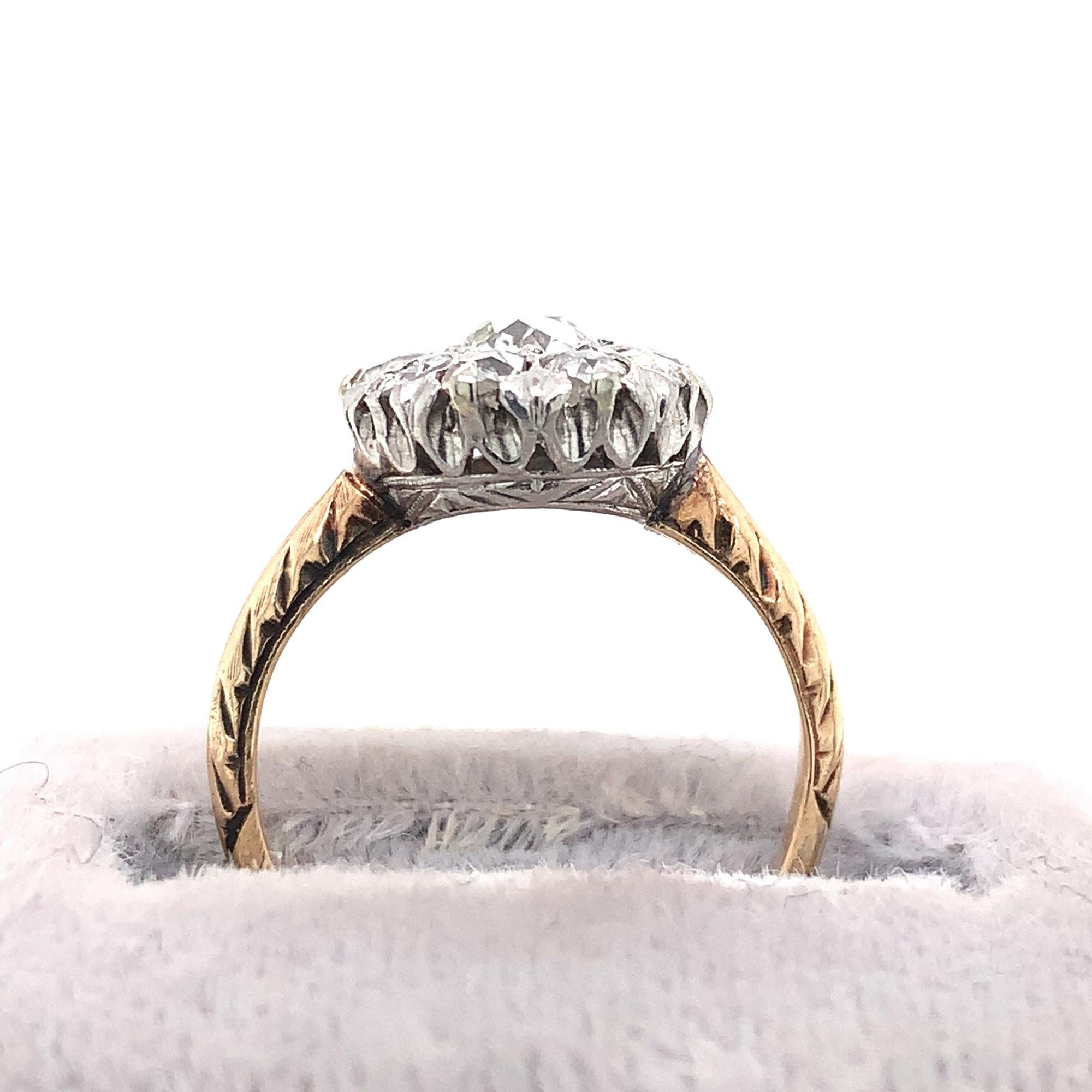 Victorian 14K and Platinum Mine Cut 1 Carat Tw Diamond Ring For Sale