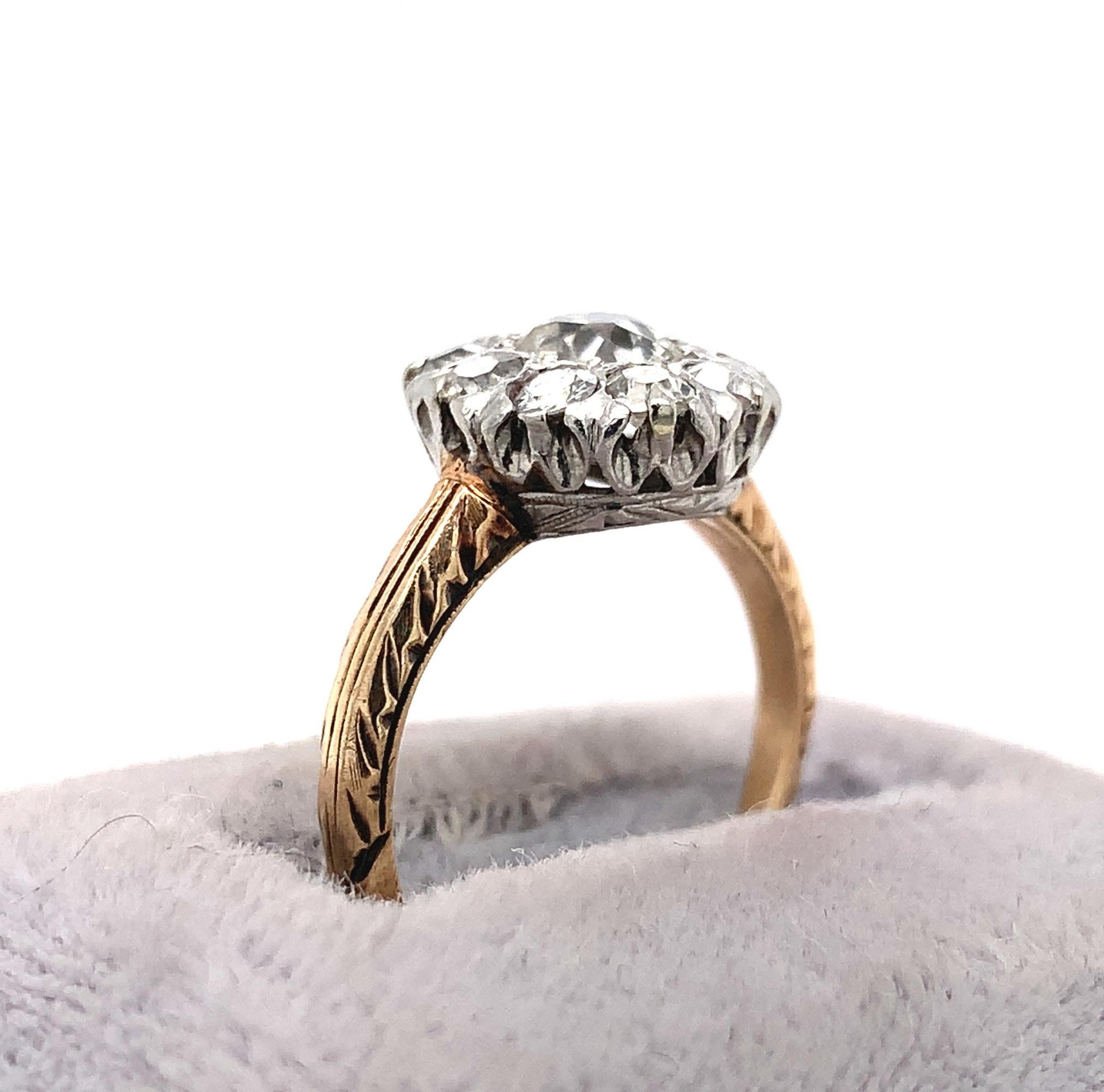 Old Mine Cut 14K and Platinum Mine Cut 1 Carat Tw Diamond Ring For Sale
