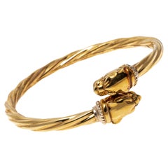 14k And Sterling Ribbed Bypass Roaring Panther Head Bangle Bracelet